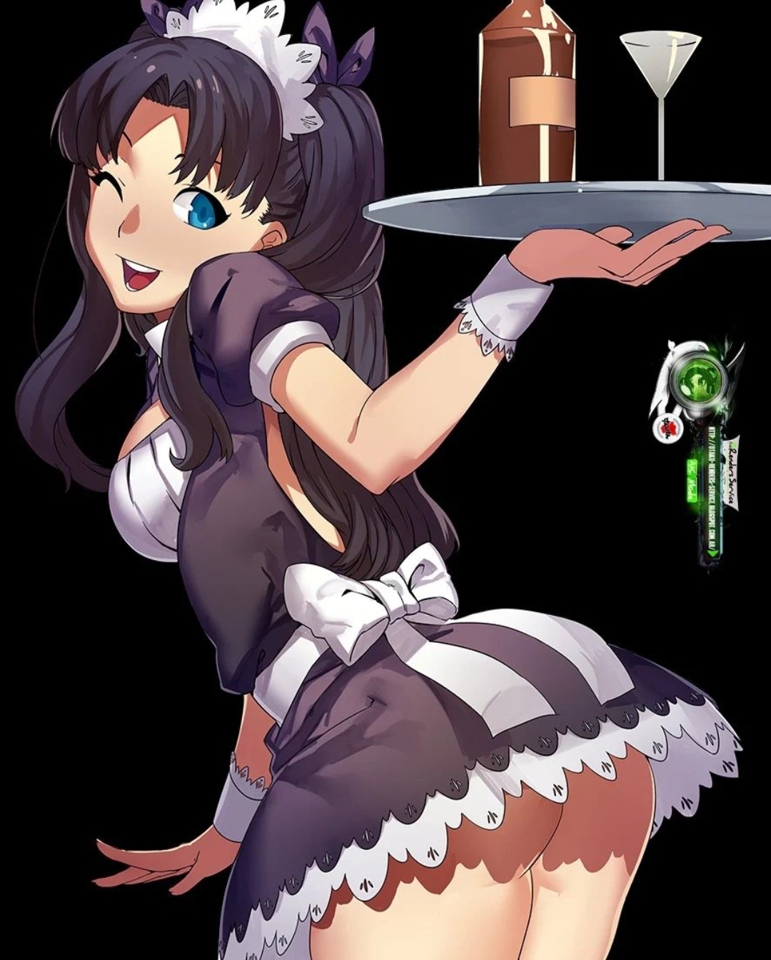 1girls, artist request, ass, ass visible through thighs, big ass, black hair, blinking, blue eyes, boob window, breasts, eyebrows, eyebrows behind hair, fate (series), fate/stay night, female, female ass, female only, femsub, legs, legs together, light-skinned female, maid, maid headdress, maid outfit, maid uniform, medium breasts, no panties, servant, serving tray, short skirt, smiling at viewer, solo, tagme, thick thighs, thighs, thighs together, tohsaka rin