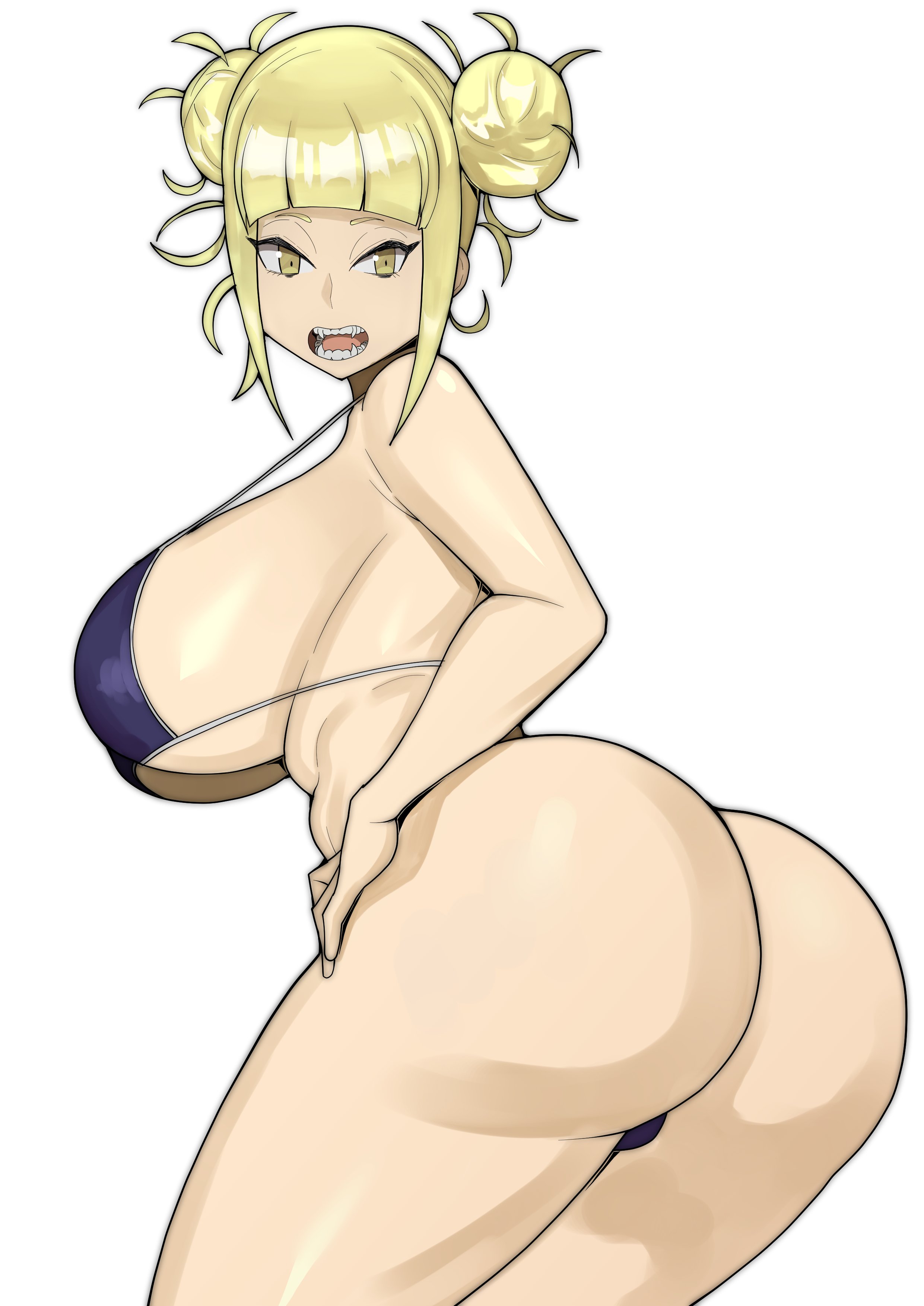 1girls, 2022, ass, bikini, blonde hair, blue bikini, breasts, doublehero, fangs, female, female only, gold eyes, hi res, himiko toga, hips, huge ass, huge breasts, looking at viewer, my hero academia, open mouth, pointy teeth, short hair, sideboob, simple background, slim waist, thick thighs, thighs, twin buns, white background, wide hips