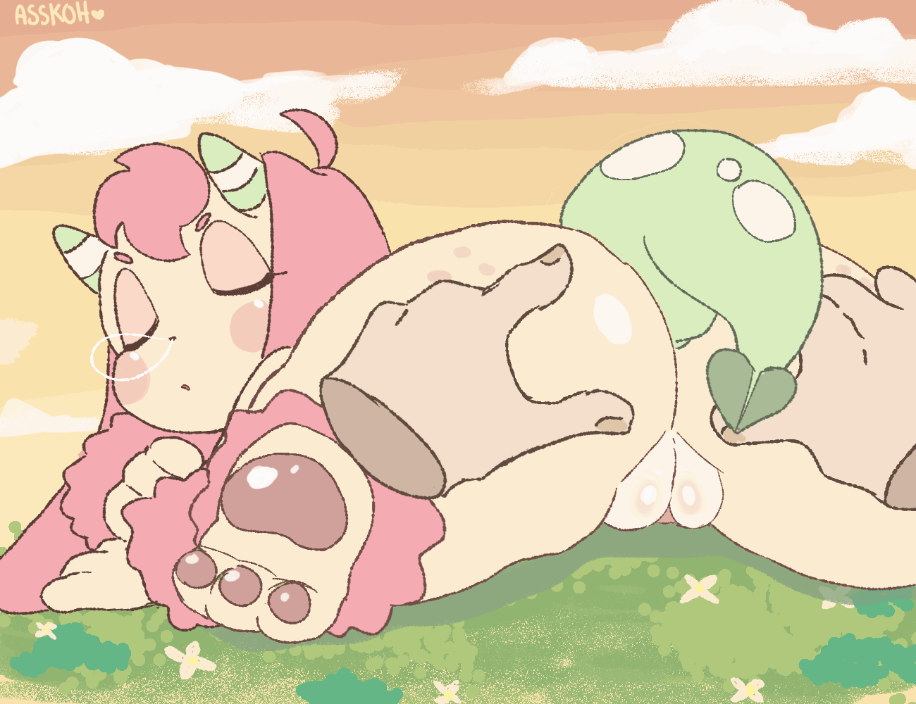 1boy, 1girls, animated, anus, ass, ass grab, ass spread, asshole, asskoh, brown eyes, clitoris, closed eyes, corny (asskoh), digital media (artwork), female, furry, green horns, green tail, human, light skin, light-skinned male, male, nose bubble, pawpads, pink hair, pussy, sleep bubble, sleep molestation, sleeping, tail, vagina