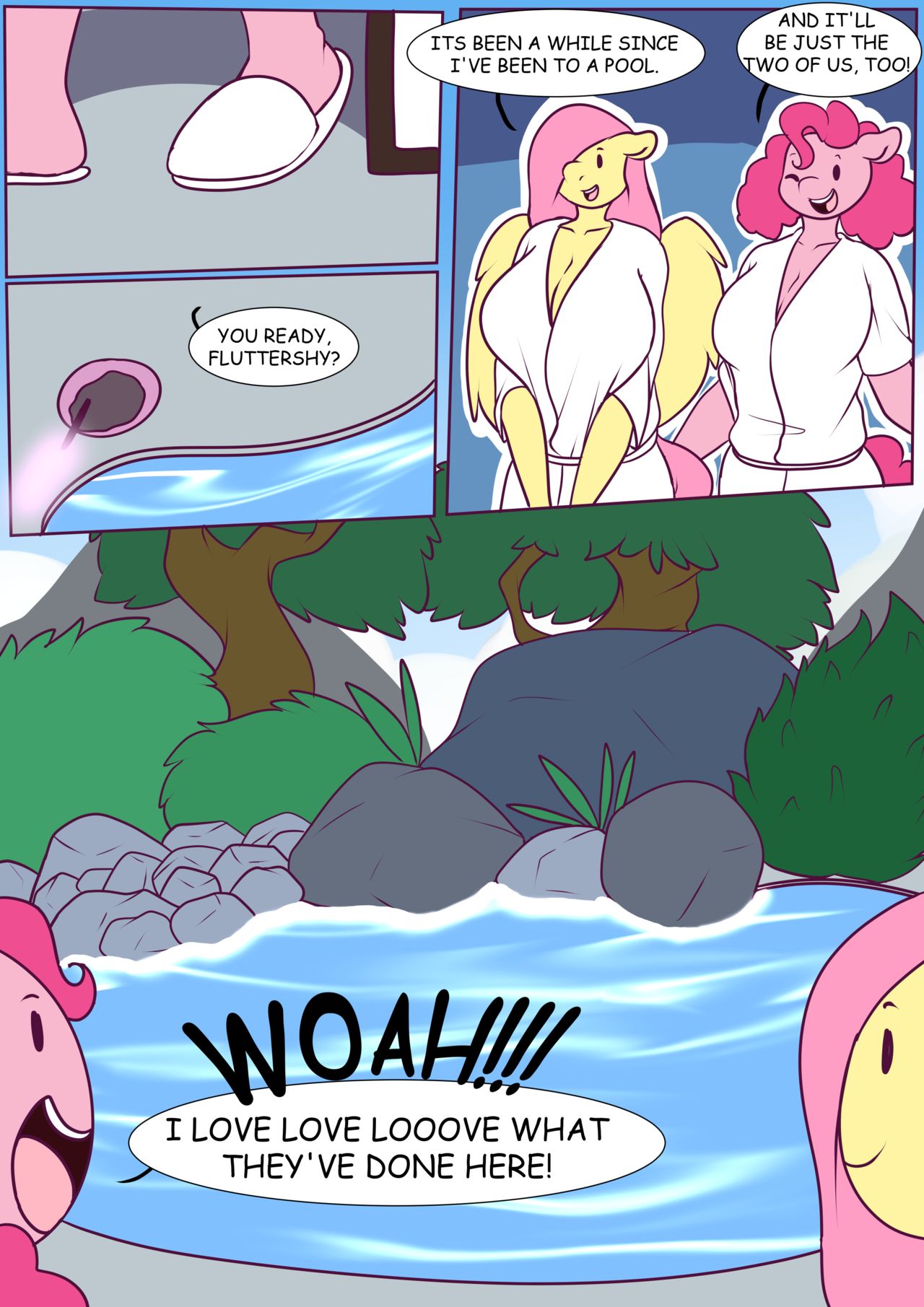 anthro bathrobe big_breasts cleavage comic english_text female_only fluttershy_(mlp) furry incense my_little_pony pink_hair pinkie_pie_(mlp) pool smooth_skin speech_bubble spunkubus wings