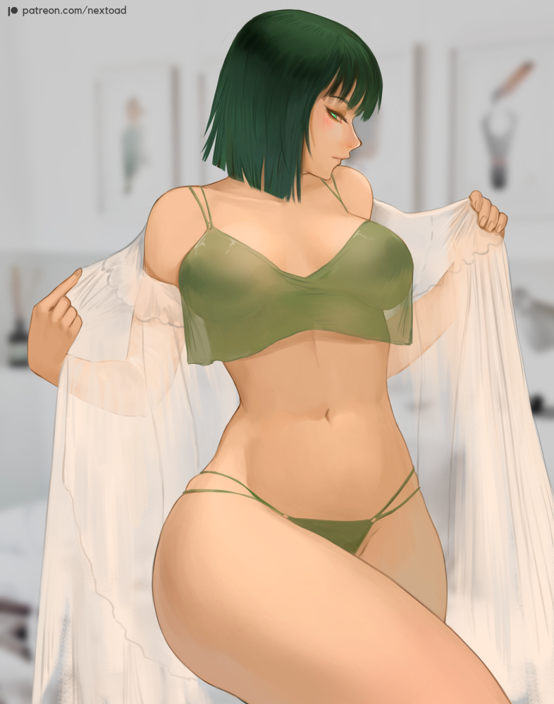 1girls, ass, belly, belly button, big breasts, blush, bob cut, breasts, cleavage, clothed, clothing, covered breasts, covered nipples, crop top, curvy, curvy body, curvy female, curvy figure, dark green hair, dark hair, dress, eye contact, female, female focus, female only, fit, fit female, front view, fubuki (one-punch man), green eyes, green hair, half-closed eyes, heroine, hips, large thighs, legs, legs crossed, light skin, light-skinned female, lips, lipstick, living room, looking at viewer, medium hair, midriff, navel, nextoad, nightgown, no bra, one-punch man, open clothes, panties, pose, seducing, seductive, seductive eyes, seductive look, seductive mouth, see-through, see-through clothing, see-through top, shirt, short hair, showing off, sleepwear, slim, slim waist, solo, solo female, solo focus, stomach, string panties, thick, thick legs, thick thighs, thighs, thin waist, thong, toned, toned body, toned female, toned stomach, topless, topless female, topwear, underwear, undressing, voluptuous, waist, wide hips