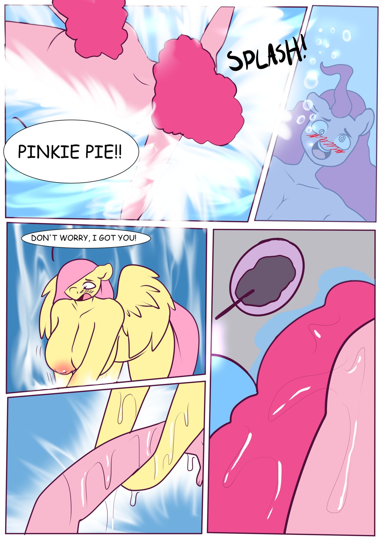 anthro blush comic english_text fainted fluttershy_(mlp) furry huge_breasts incense my_little_pony pink_hair pinkie_pie_(mlp) pool smooth_skin speech_bubble spunkubus wings