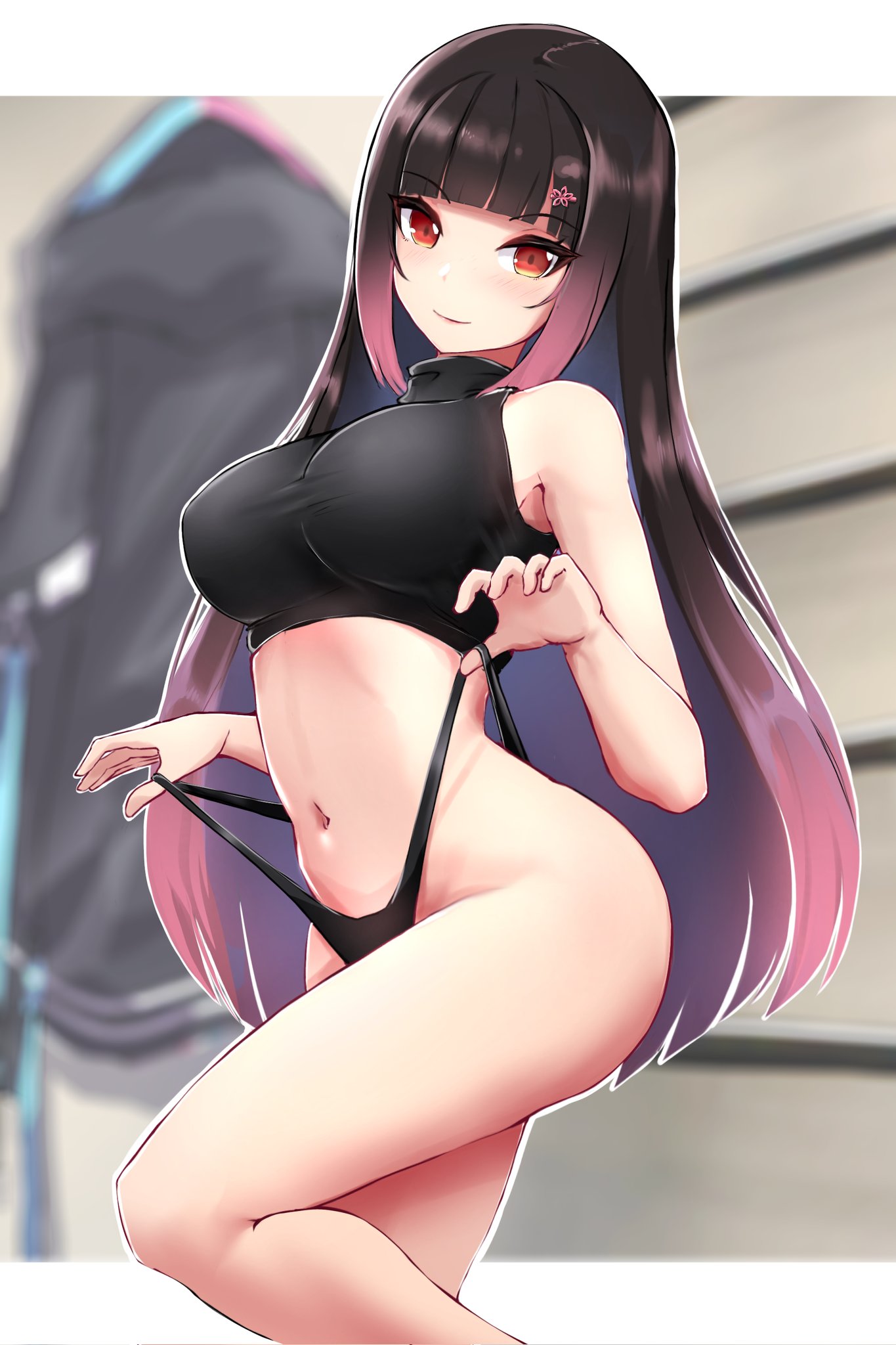 1girls alternate_version_at_source alternate_version_available black_hair female_only hair_ornament hana_yomeguri indie_virtual_youtuber long_hair long_hair_female looking_at_viewer red_eyes smiling_at_viewer thong thong_pull two_tone_hair virtual_youtuber vtuber