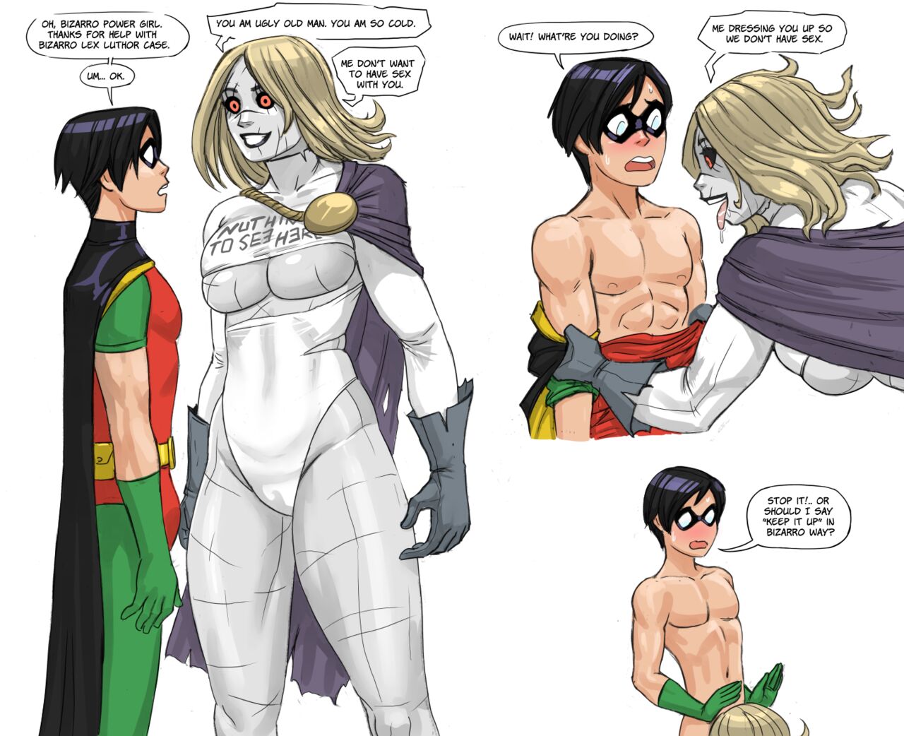 1boy 1girls assertive assertive_female bizarro black_sclera blonde_female boob_window bulge comic_page creepy_smile dc dc_comics dialogue domino_mask femdom flick grin imminent_sex implied_fellatio interspecies large_breasts larger_female male monster_girl older_female oral power_girl red_eyes robin_(dc) robin_(tim_drake) shorter_male size_difference smaller_male straight superhero superheroine taller_female tim_drake underboob underboob_cutout underboob_shirt younger_male