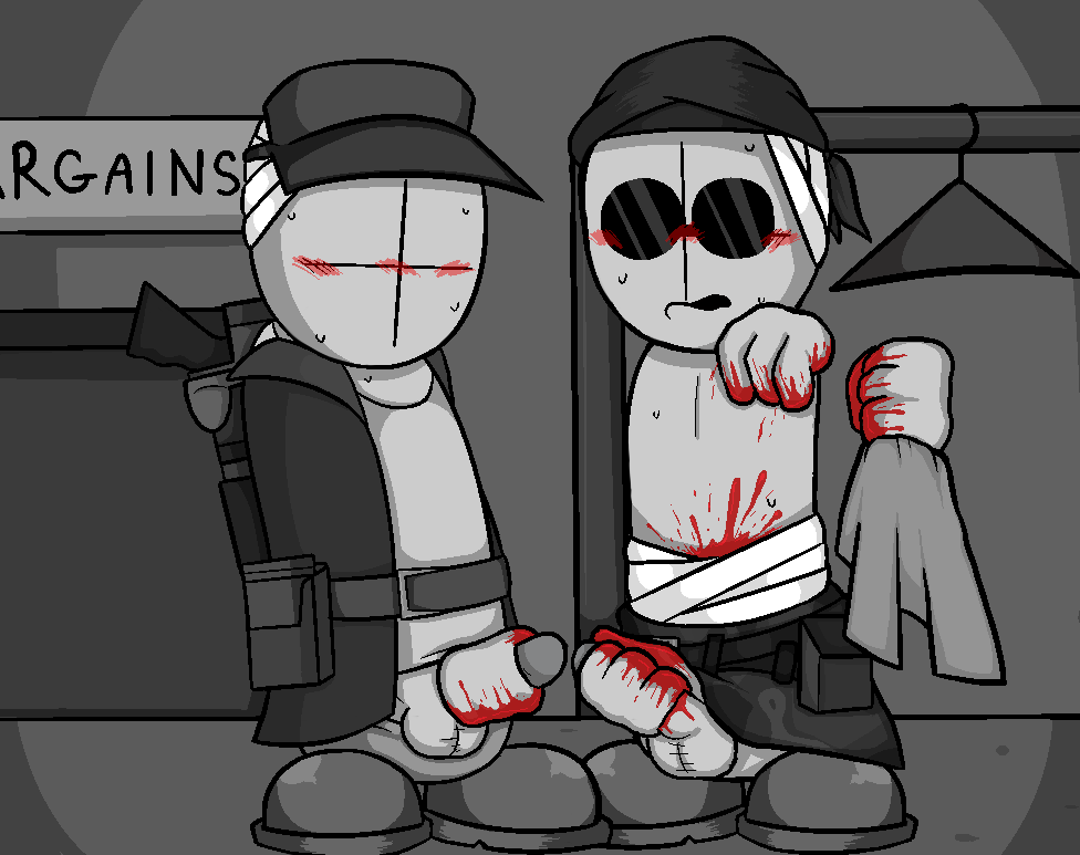 bandaged_body bandaged_head blood blood_on_body blood_on_hand blush clothed_handjob deimos gay glasses gun madness_combat penis sanford sweating testicles too_lazy_to_tag visor_cap