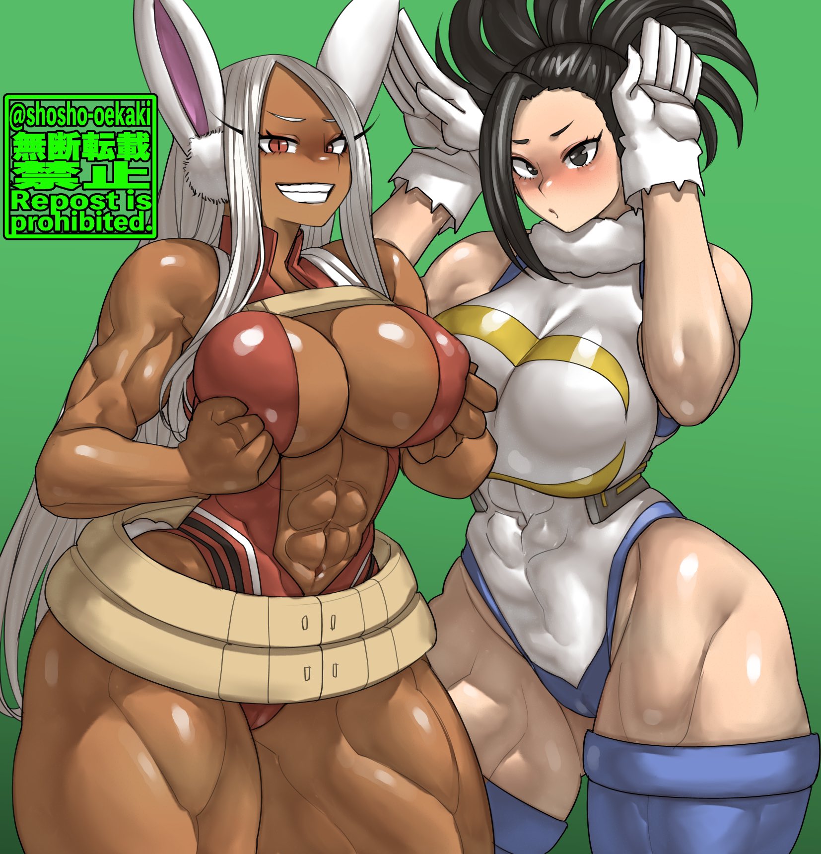 2girls, ass, athletic, athletic female, big ass, big breasts, black hair, black-haired female, breasts, female, female human, fit, fit female, hero outfit (mha), human, human female, kemonomimi, leotard, light-skinned female, looking at viewer, mature female, miruko, momo yaoyorozu, momo yaoyorozu (hero outfit), muscular, muscular female, my hero academia, outfit swap, rumi usagiyama, shosho oekaki, superhero costume, superheroine, white hair, white-haired female