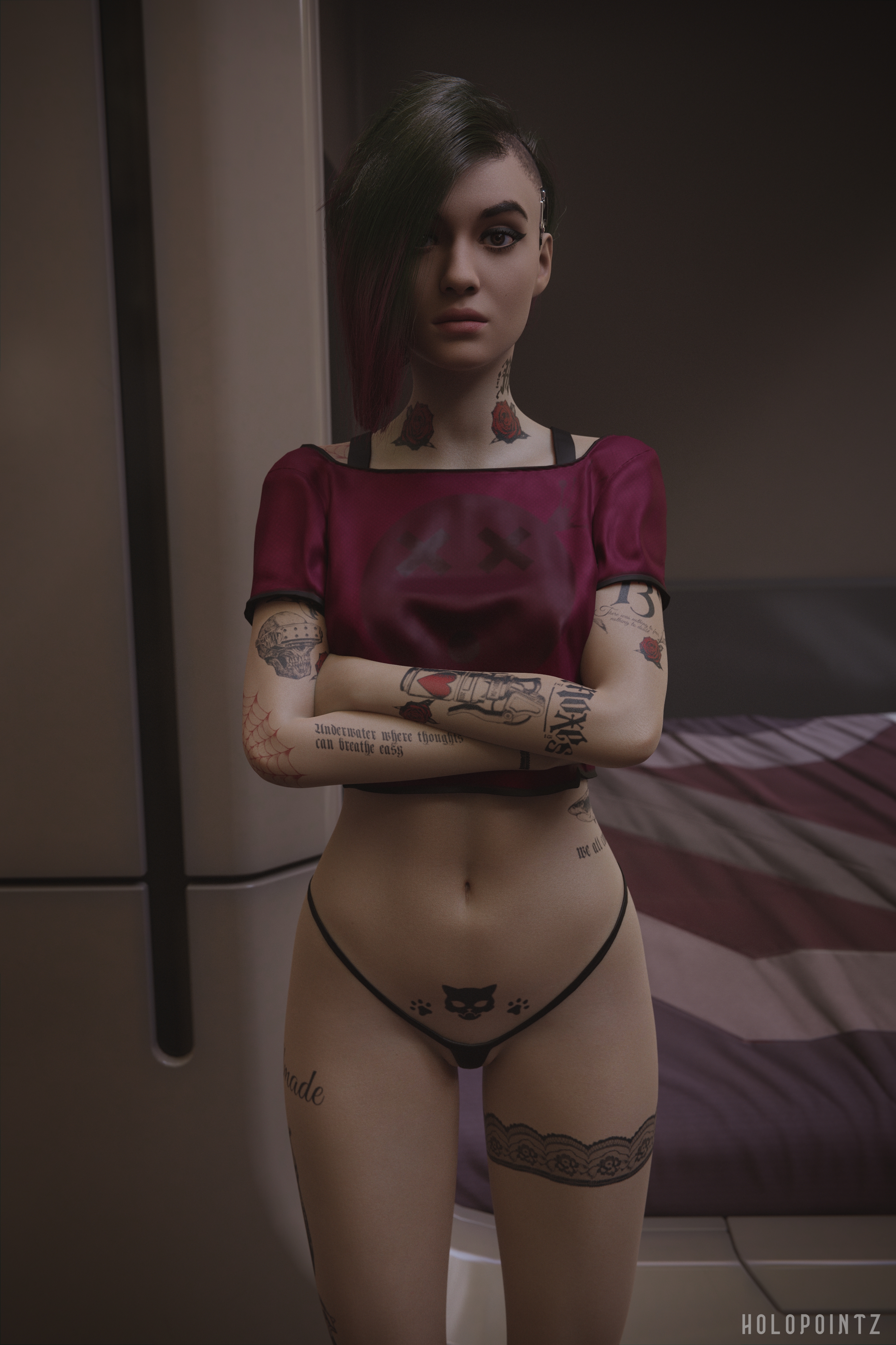 3d, 4k, brown eyes, crossed arms, cyberpunk 2077, female, female focus, female only, green hair, holopointz, judy alvarez, light skin, light-skinned female, looking at viewer, partially clothed, partially undressed, petite, petite body, purple hair, solo, solo female, solo focus, text tattoo, thong panties