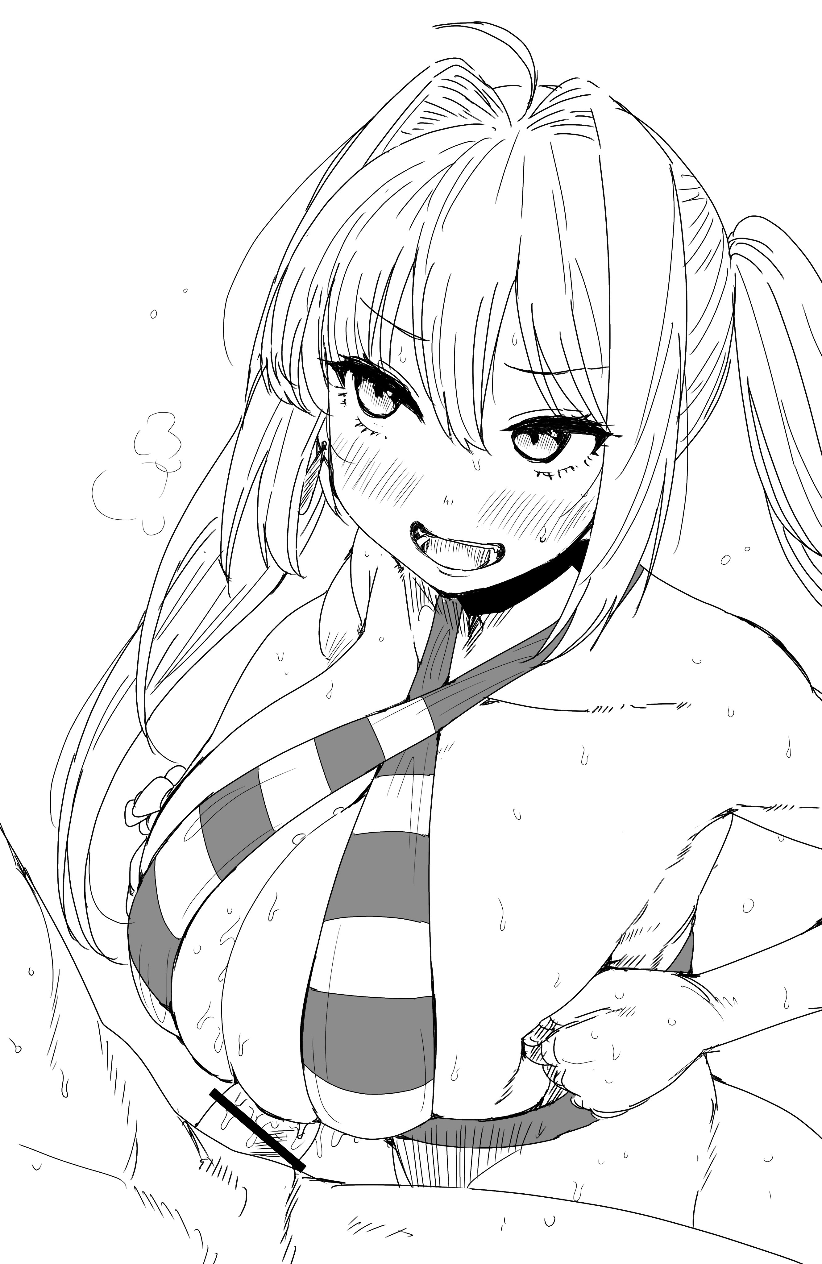 1boy, 1girls, absurd res, ahoge, alternate breast size, armpits, big breasts, bikini, black and white, blush, boobjob, breast press, breast squeeze, breasts, cum, cum on breasts, ejaculation, ejaculation between breasts, embarrassed, fate (series), fate/extra, fate/grand order, female, heavy breathing, highres, huge breasts, kaiman (artist), kaiman garupan, large breasts, looking at viewer, male, nero claudius (fate), nero claudius (swimsuit caster), paizuri, penis, penis between breasts, sex, smile, smiling, smiling at viewer, sweat, swimsuit, titjob, tongue, twintails, uncolored, visible breath, white background