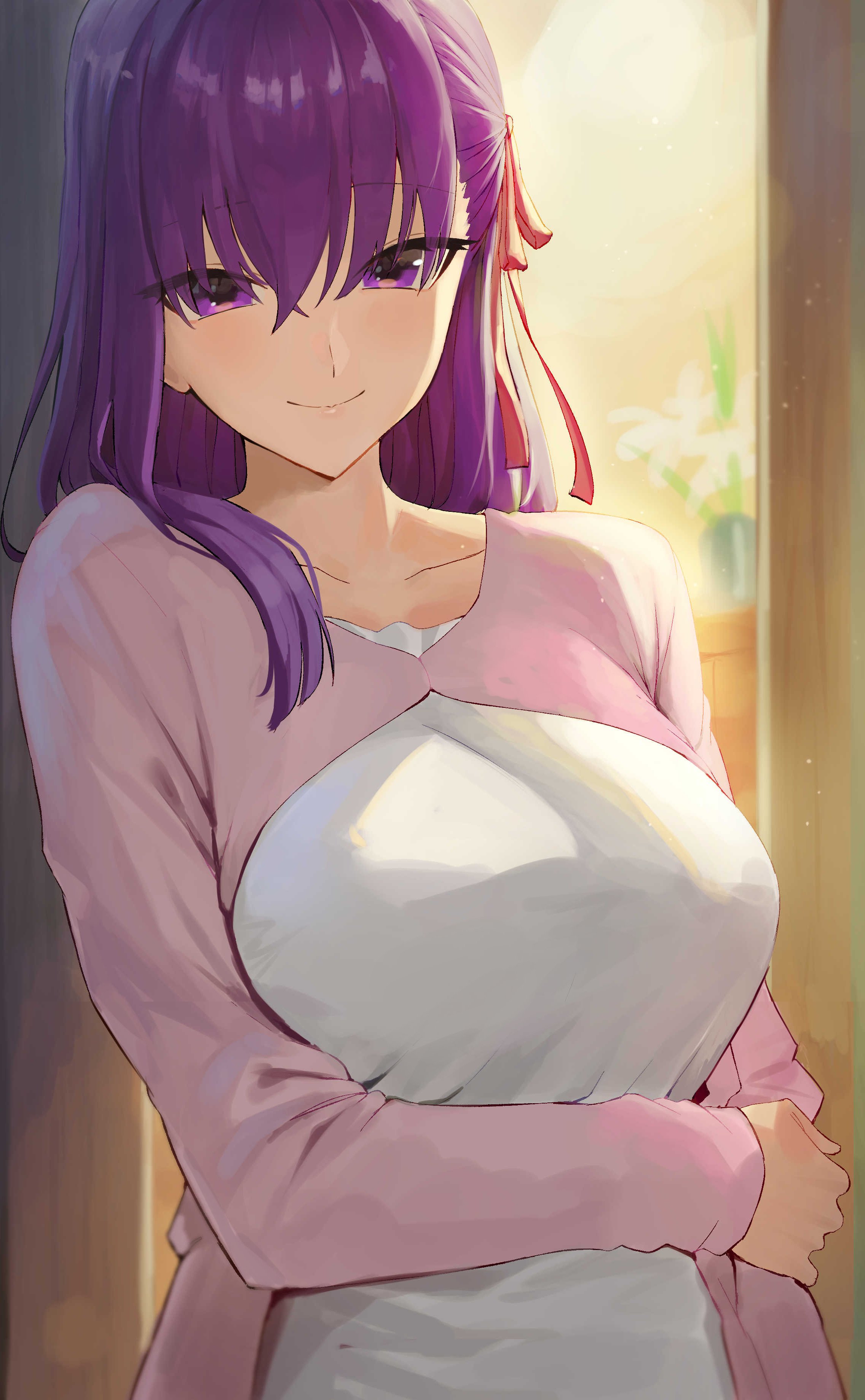 absurdres, bangs, big breasts, blush, breasts, collarbone, dress, fate (series), fate/stay night, female, hair ribbon, highres, holding arm, huge breasts, jacket, large breasts, long hair, long sleeves, looking at viewer, matou sakura, pink jacket, purple eyes, purple hair, red ribbon, ribbon, rororo, seductive, seductive look, seductive smile, smile, smiling, smiling at viewer, solo, white dress
