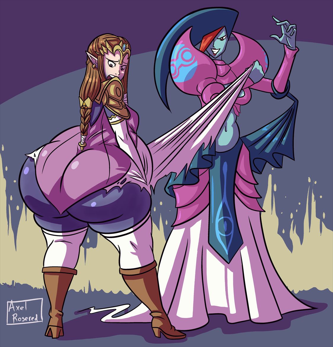 2girls ass_expansion axel-rosered big_butt blue_skin blueberry_inflation brown_hair bursting_butt butt butt_expansion crying expansion female_only hand_on_head huge_butt multiple_girls oracle_of_ages overweight overweight_female princess_zelda ripped_clothing the_legend_of_zelda transformation twilight_princess veran wardrobe_malfunction wedgie zelda_(twilight_princess)