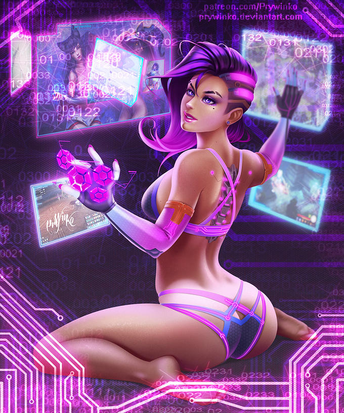 ass, cybernetics, dark skin, dark-skinned female, female, latina, lingerie, looking back, overwatch, prywinko, sombra, tagme