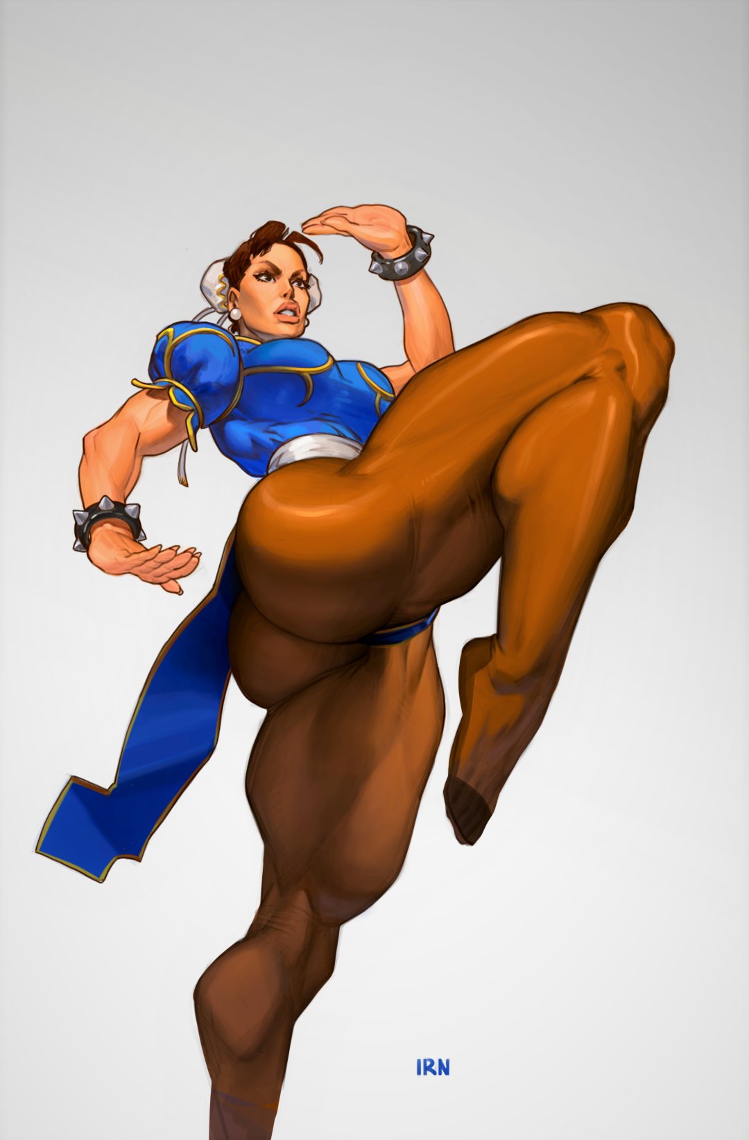 1girls ass big_ass blue_dress brown_eyes brown_hair brown_legwear bubble_butt bun_cover capcom china_dress chinese_clothes chun-li cross-laced_footwear double_bun earrings fighting_stance huge_ass iranon leg_up lips muscular_female muscular_legs muscular_thighs no_shoes pantyhose pearl_earrings pelvic_curtain puffy_short_sleeves sash side_slit solo spiked_bracelet spikes street_fighter street_fighter_ii thick_thighs