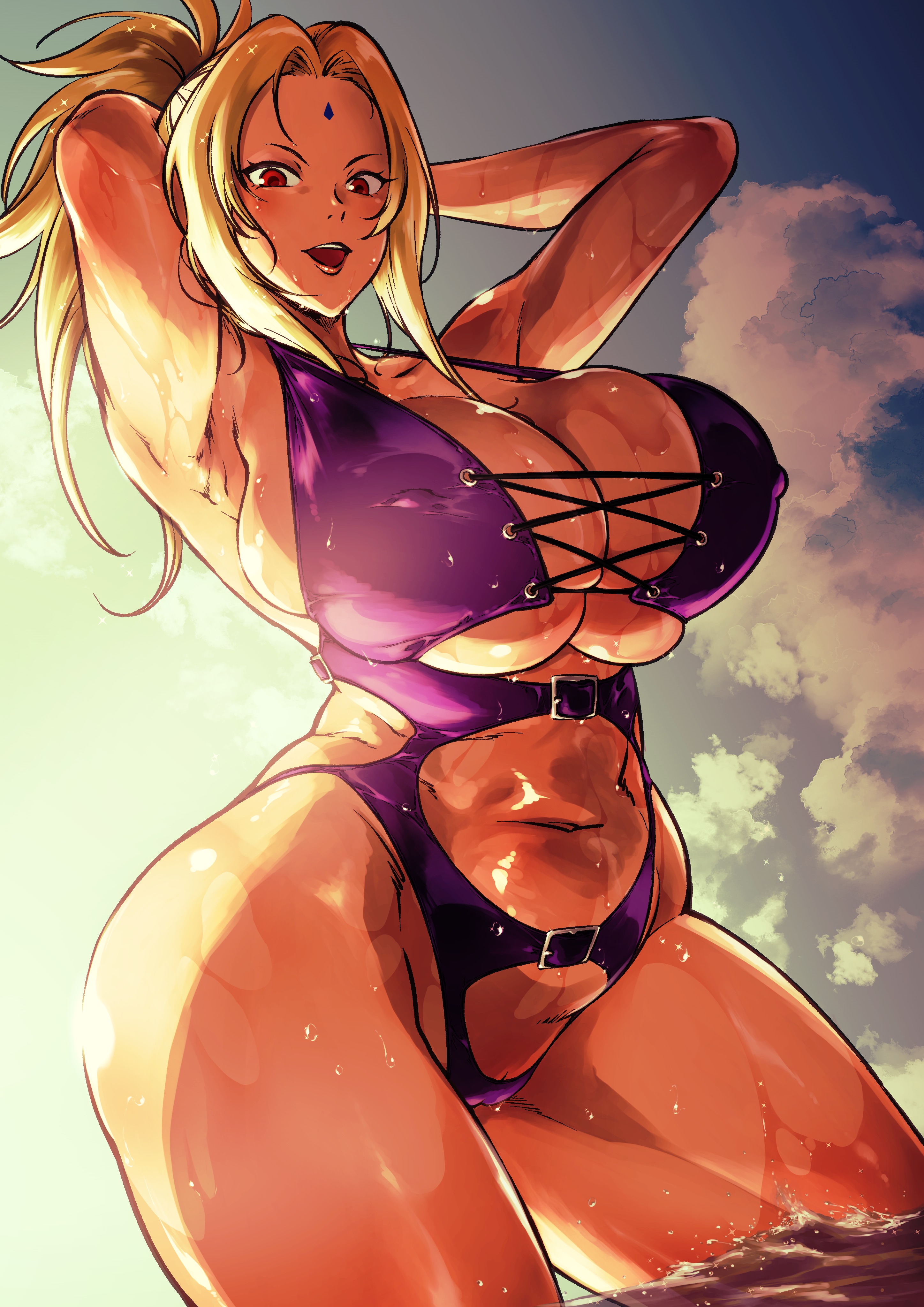 1girls, armpits, arms behind head, beach, big breasts, blonde hair, breasts, busty, curvaceous, curves, curvy, curvy body, curvy female, curvy figure, enormous breasts, female, female focus, female only, hands behind head, huge breasts, kyugata, large breasts, mature, mature female, naruto, naruto (series), naruto shippuden, solo, solo female, tsunade, voluptuous, wet