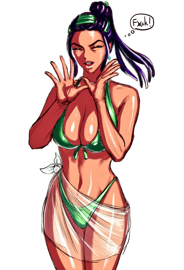 1girls bikini_bottom bikini_top black_hair bottomwear breasts brown_hair cleavage dark-skinned_female dark_skin dreadlocks ermes_costello female human jojo's_bizarre_adventure latina long_hair open_hands open_mouth pony_tail shounen_jump slim slim_waist smile smiling solo solo_female solo_focus stone_ocean swimsuit topwear two_piece_swimsuit