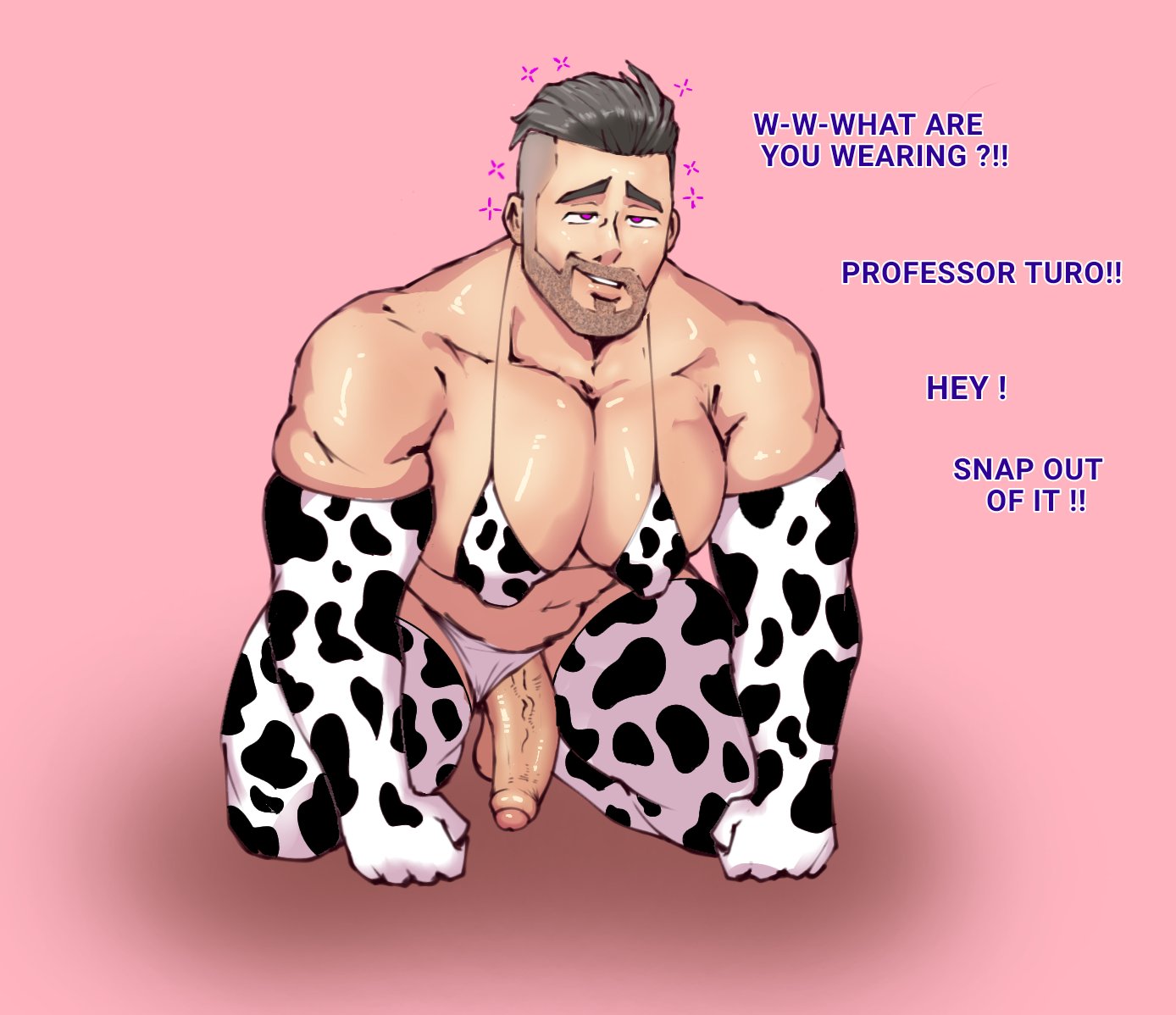 balls, bara, beard, big pecs, cow print, facial hair, game freak, gay, hypnosis, male, male only, muscles, muscular, muscular male, nintendo, npc trainer, on knees, paldraws, penis, penis out, pokemon, pokemon sv, professor turo, solo, solo male, yaoi