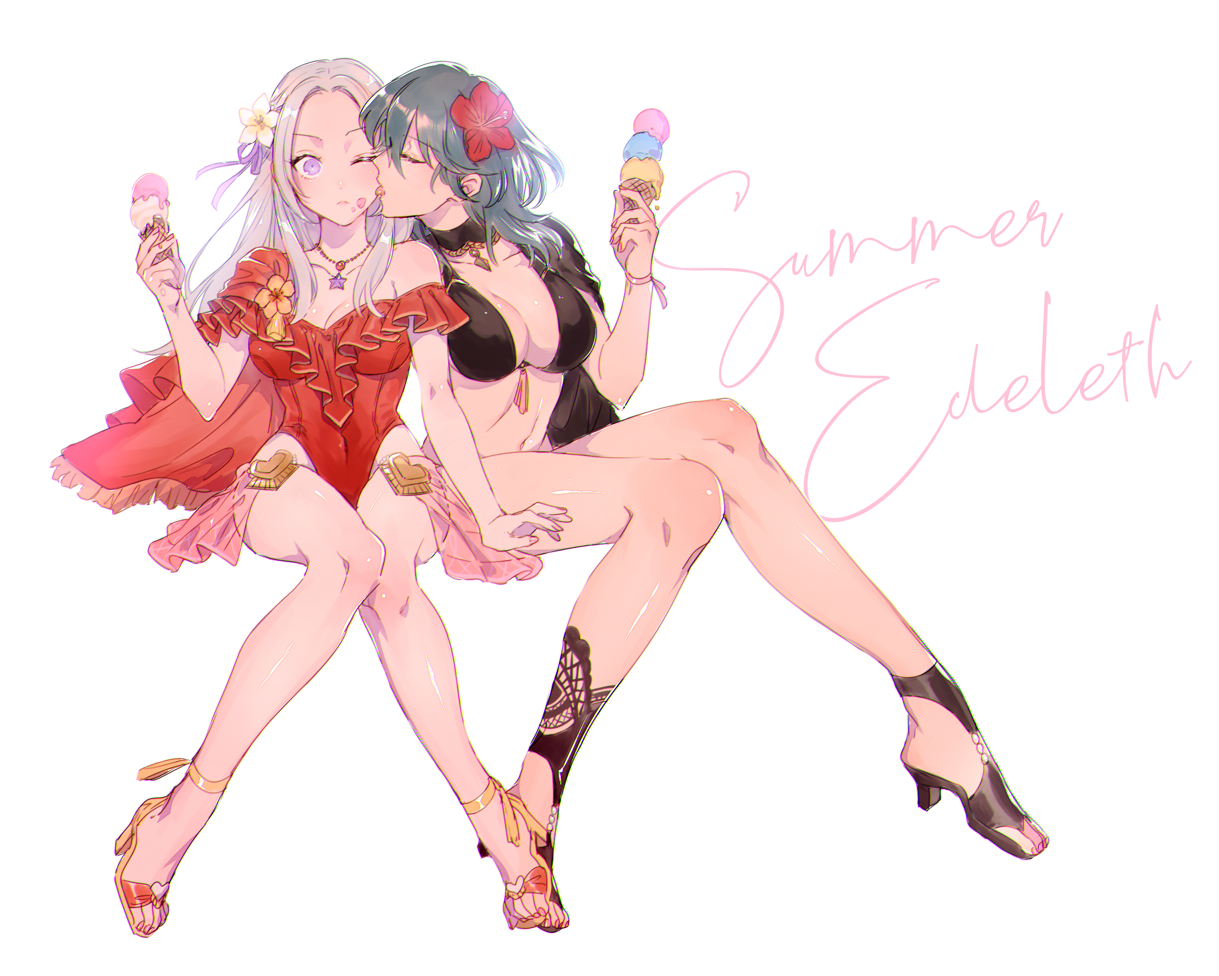 2girls, alternate costume, bikini, black bikini, black swimsuit, blush, breasts, byleth (fire emblem), byleth (fire emblem) (female), cape, cleavage, closed mouth, edelgard von hresvelg, edelgard von hresvelg (summer), female, female only, fire emblem, fire emblem heroes, fire emblem: three houses, flower, food, frills, hair ornament, hair ribbon, heels, highres, ice cream, large breasts, licking, long hair, medium breasts, mizuno (iori-amu), multiple females, multiple girls, nintendo, official alternate costume, one-piece swimsuit, purple eyes, red cape, red swimsuit, ribbon, sandals, simple background, swimsuit, teal hair, white hair, yuri