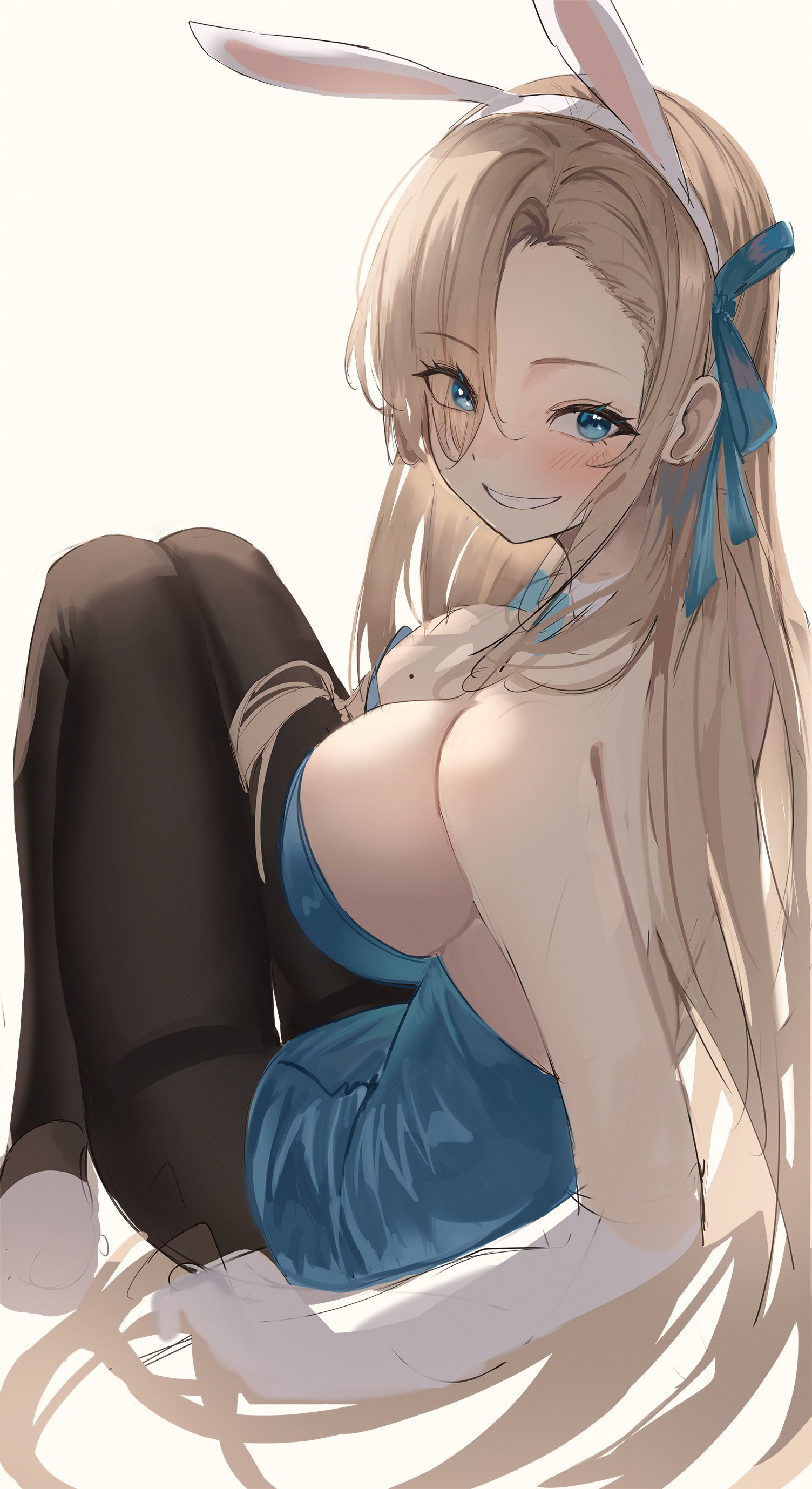 20 chain, absurdres, animal ears, artist request, asuna (blue archive), asuna (bunny) (blue archive), bare shoulders, big breasts, blonde hair, blue archive, blue eyes, blue leotard, blue ribbon, blush, breasts, brown legwear, cleaning & clearing (blue archive), cleavage, elbow gloves, eyebrows visible through hair, eyes visible through hair, fake animal ears, female, from side, gloves, grin, hair over one eye, highres, huge breasts, large breasts, leaning back, leotard, light brown hair, long hair, looking at viewer, millennium science school student, mole, mole on breast, pantyhose, rabbit ears, ribbon, sideboob, sidelocks, simple background, sitting, sketch, smile, smiling, smiling at viewer, solo, strapless, strapless leotard, thick thighs, thighband pantyhose, thighs, white background, white gloves