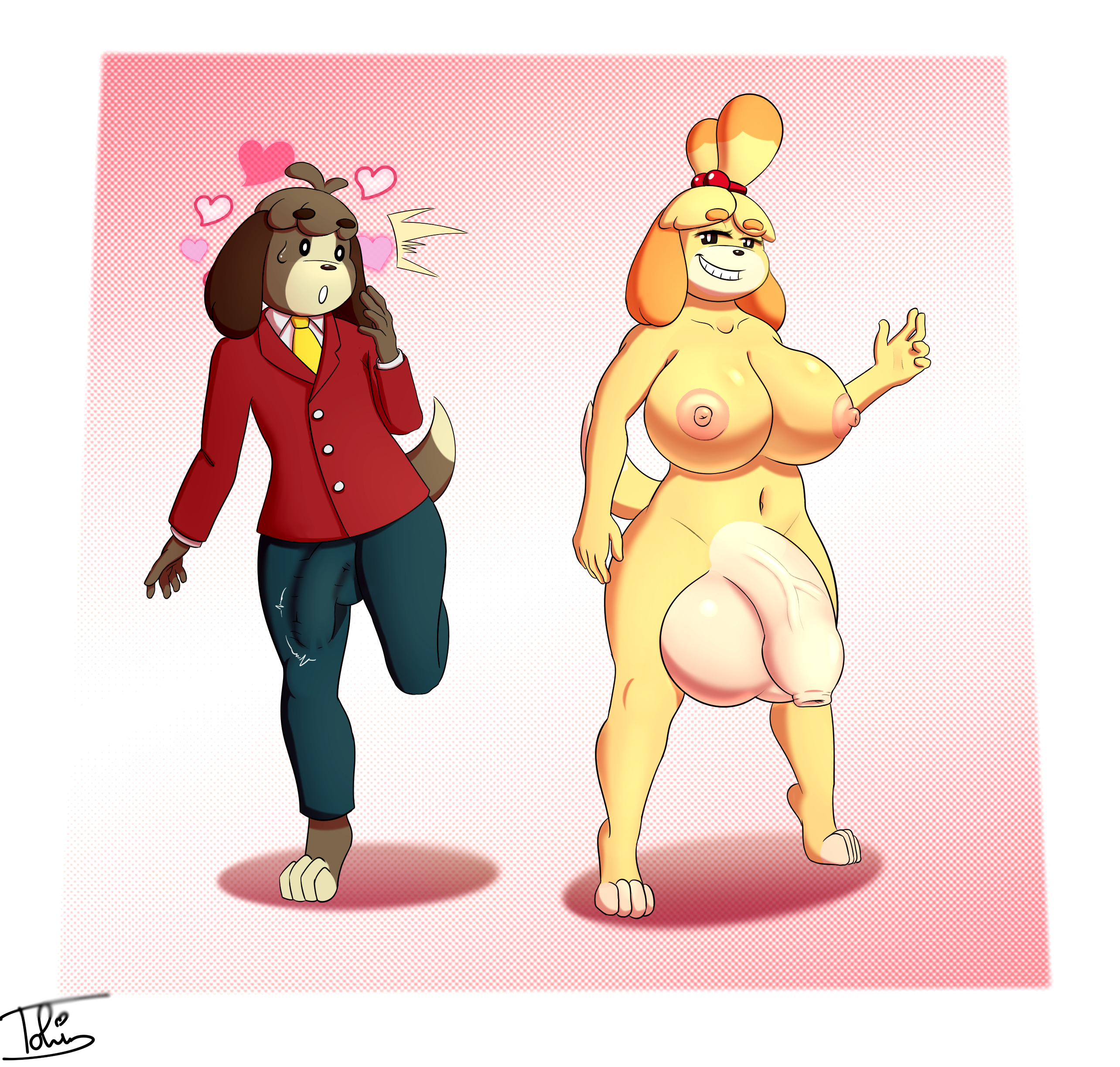 1boy, 1futa, 2022, animal crossing, anthro, balls, big breasts, big penis, breasts, bulge, clothed, clothed male nude female, clothing, digby (animal crossing), duo, erection, female, flaccid, foreskin, fully clothed, furry, futa is bigger, futanari, heart, huge balls, huge breasts, huge cock, huge thighs, hyper, hyper breasts, hyper genitalia, hyper penis, intersex, isabelle (animal crossing), long foreskin, looking at viewer, male, nintendo, nude, opposite sex twins, penis, penis size difference, self upload, smaller male, smirk, standing, thick thighs, tight clothing, tohilewd, uncircumcised, uncut, unretracted foreskin