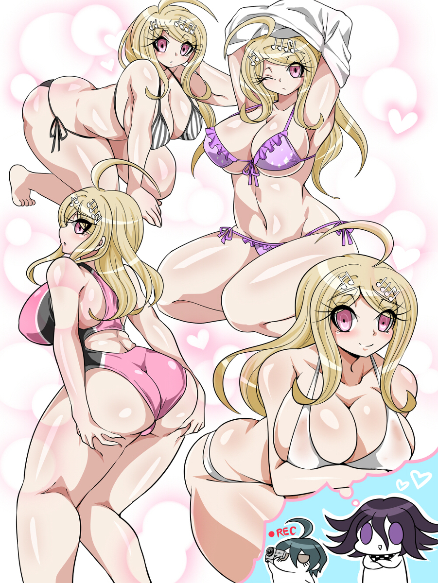 829gogorira, akamatsu kaede, ass, big breasts, bikini, bikini bottom, bikini top, breasts, busty, danganronpa, danganronpa v3, female, huge breasts, large breasts, one-piece swimsuit, ouma kokichi, recording, saihara shuuichi, straight hair, swimsuit, voluptuous