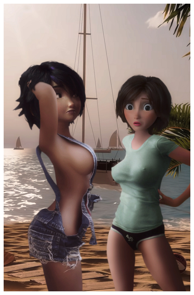 2girls beach big_hero_6 breasts cass_hamada disney female female_only girls gogo_tomago horny marvel marvel_comics nipples outside overalls rastifan sideboob