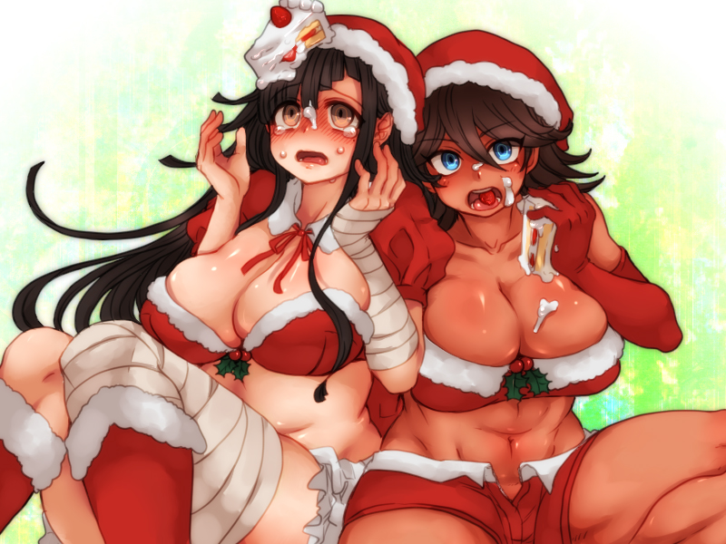 bandage, breasts, cake, danganronpa, danganronpa 2: goodbye despair, female, female only, large breasts, namakotarako, owari akane, santa costume, straight hair, tanned, tanned female, tanned skin, tsumiki mikan