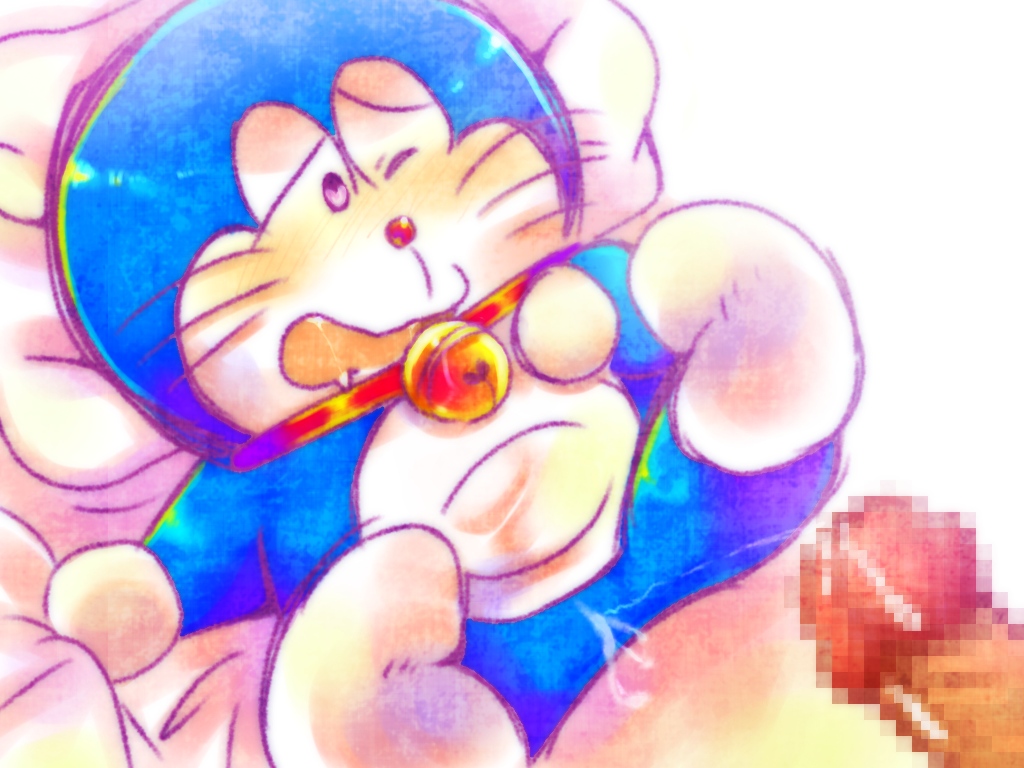 .'s_(artist) adorable anthro bag blue_body blue_skin blush censored cum cum_on_body cumshot cute cute_face dakimakura doraemon doraemon_(character) feet feline heart jingle_bell love open_legs open_mouth penis red_collar red_nose robot robot_cat saliva whiskers white_feet white_hands