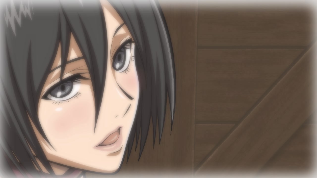 1girls, asian, asian female, attack on titan, black hair, female, female only, grey eyes, hair between eyes, light skin, light-skinned female, looking at viewer, lost rarities, medium hair, mikasa ackerman, open mouth, pale skin, pale-skinned female, shingeki no kyojin, solo, solo female, takapiko