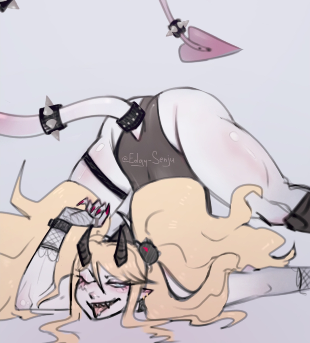 1girls, ass, ass up, blonde hair, blue eyes, blush, color, danganronpa, danganronpa (series), danganronpa: trigger happy havoc, demon, demon tail, edgysenju, female, female only, fishnets, horns, jack-o pose, jackochallenge, junko enoshima, long hair, sharp teeth, spikes, straight hair, succubus, tail, thigh strap, thighs, tongue, tongue out, twintails