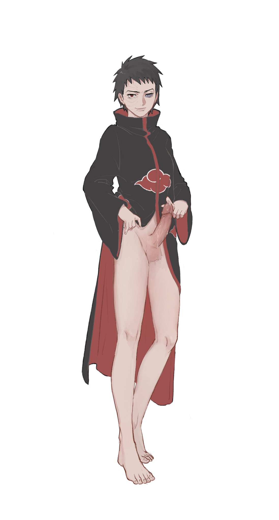 1boy akatsuki_(naruto) akatsuki_uniform alternate_hair_length alternate_hairstyle black_hair breasts cloak erection full_body heterochromia highres legs long_sleeves male_only naked_cloak naruto naruto_(series) naruto_shippuden penis rinnegan scar scar_on_face sharingan smile solo solo_male uchiha_obito uncensored uw_bucciarati wide_sleeves