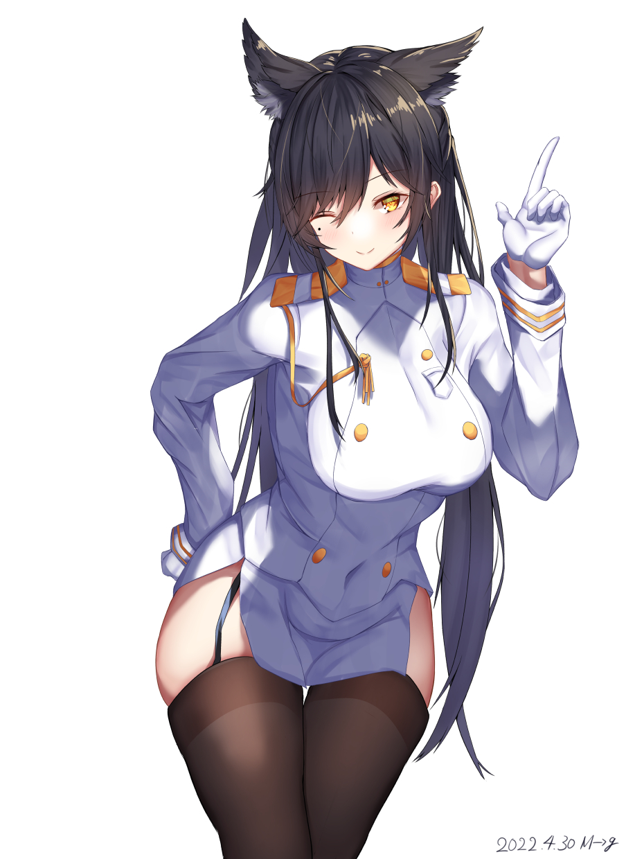 animal ears, atago (azur lane), azur lane, black hair, breasts, brown legwear, buttons, dog ears, dog girl, female, fingers, garter belt, garter straps, highres, index finger raised, jacket, large breasts, leaning forward, looking at viewer, microskirt, military, military uniform, mole, mole under eye, one eye closed, skirt, tagme (artist), thick thighs, thigh highs, thighhighs, uniform, very long hair