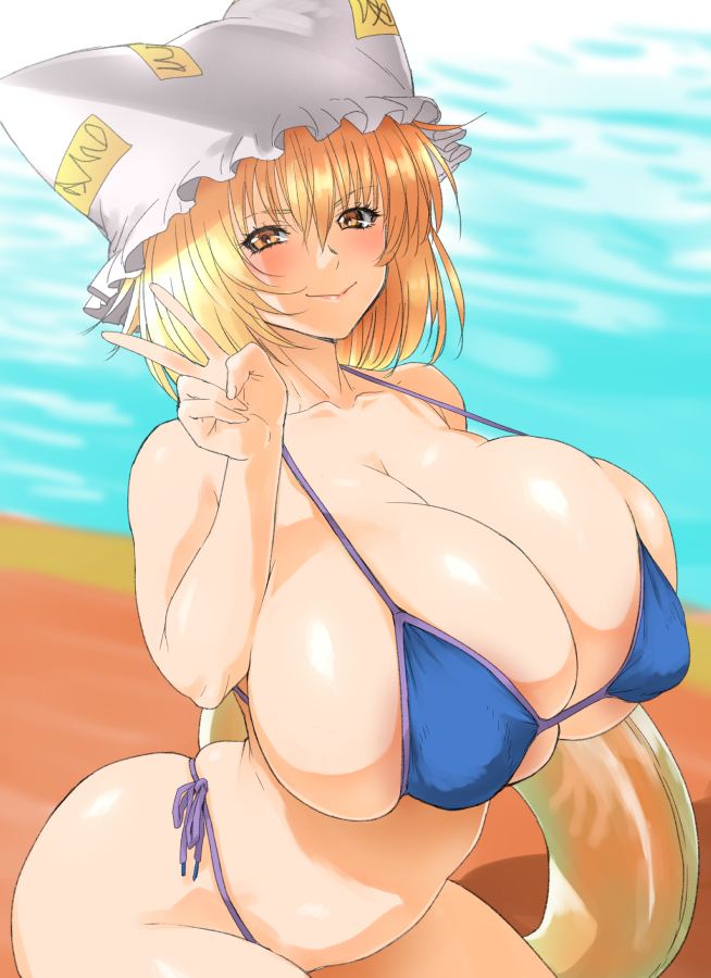 1girls, ahemaru, beach, big breasts, bikini, blonde hair, boobs, breasts, busty, curvaceous, curves, curvy, curvy body, curvy female, curvy figure, enormous breasts, female, female focus, female only, horny, huge breasts, large breasts, looking at viewer, massive breasts, ran yakumo, solo, solo female, tits, touhou, v, voluptuous