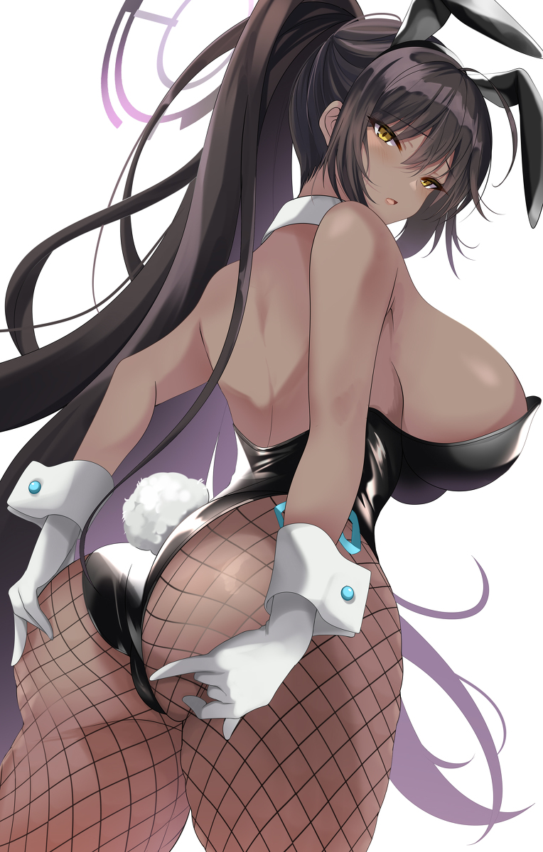 1girls, areolae, ass, big breasts, black hair, blue archive, breasts, brown skin, bunny ears, bunny girl, bunny tail, bunnysuit, dark skin, dark-skinned female, female, female focus, fishnets, fixed, huge ass, huge breasts, indoors, karin (blue archive), karin (bunny) (blue archive), large areolae, leotard, massive ass, massive breasts, ponytail, shiny skin, solo, tagme