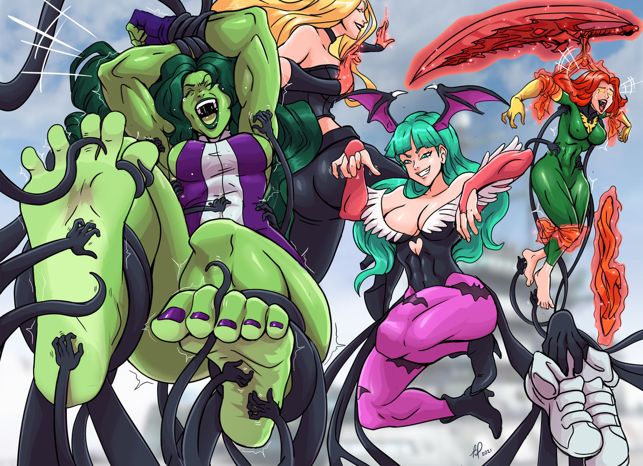 4girls bad_pierrot barefoot big_feet blonde_hair bondage capcom clothing crossover darkstalkers devil_may_cry feet female female_only green_skin jean_grey light_green_hair marvel marvel_comics marvel_vs._capcom medium_breasts morrigan_aensland multiple_girls muscular_female phoenix_(x-men) purple_toenail_polish purple_toenails red_hair she-hulk spandex tentacles tickle_fetish tickle_torture tickling toenail_polish trish_(devil_may_cry) x-men