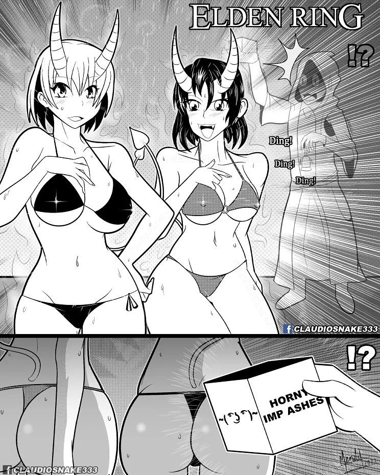 2girls big_breasts claudiosnake333 comic demon_girl elden_ring fanged_imp female female_focus fromsoftware horns imp nipple_bulge rule_63 tail tarnished text underwear