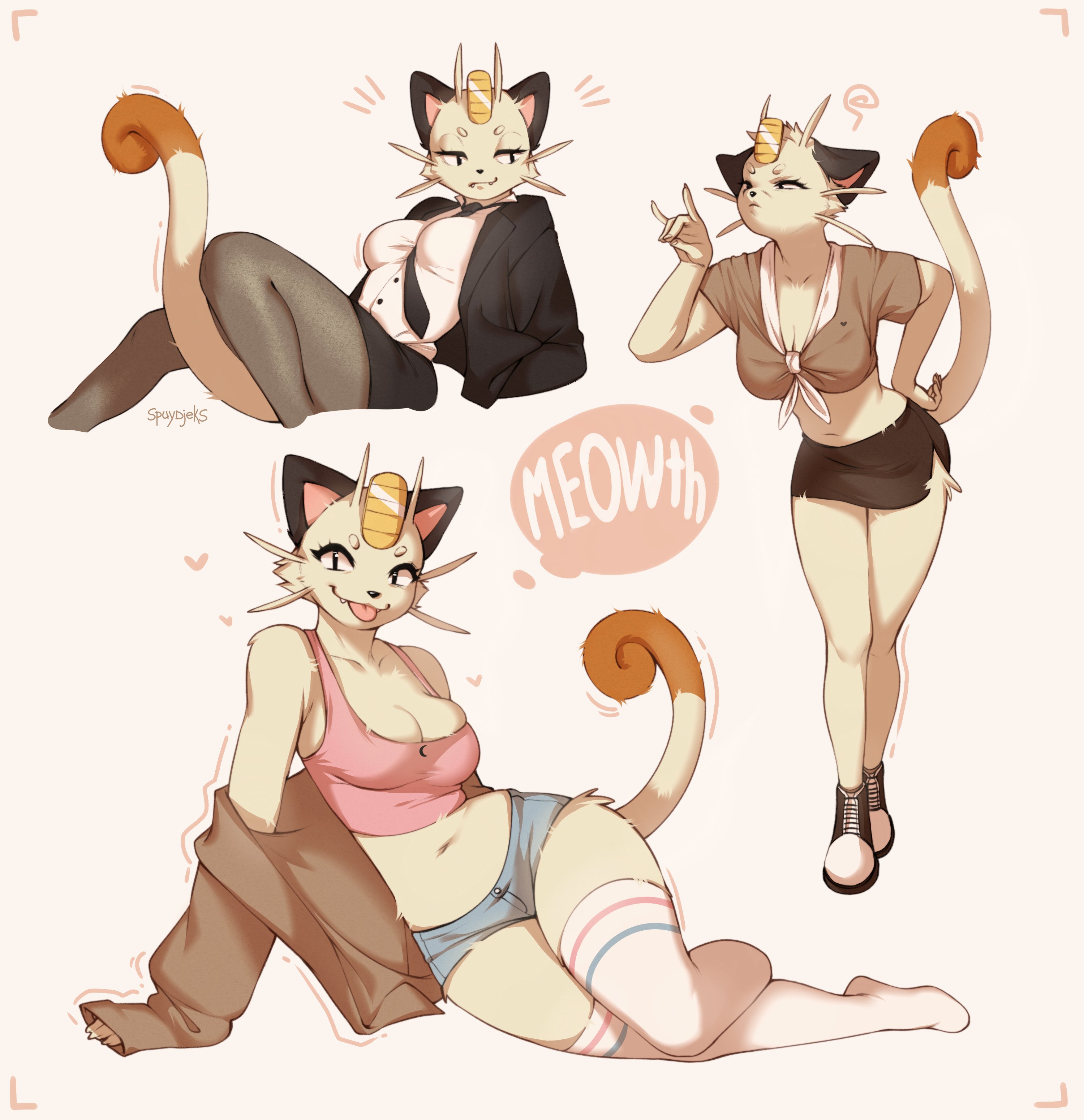 :p, 1girls, 2022, 2022s, absurd res, anthro, beige background, big breasts, black eyes, blep, bottomwear, breasts, business suit, character sheet, cleavage, cleavage overflow, clothed, clothing, crop top, curled tail, cute fangs, digital media (artwork), felid, feline, female, female only, footwear, fully clothed, furgonomics, generation 1 pokemon, hand on hip, heart, hi res, hotpants, jacket, legwear, looking at viewer, mammal, meowth, midriff, necktie, nintendo, pokémon (species), pokemon, pokemon (species), pokemorph, shaded, shirt, shoes, shorts, simple background, sitting, skirt, slit pupils, smiling, smiling at viewer, socks, solo, solo female, speech bubble, spuydjeks, stockings, suit, tail through skirt, thigh highs, tongue, tongue out, topwear, very high resolution, whiskers, white background