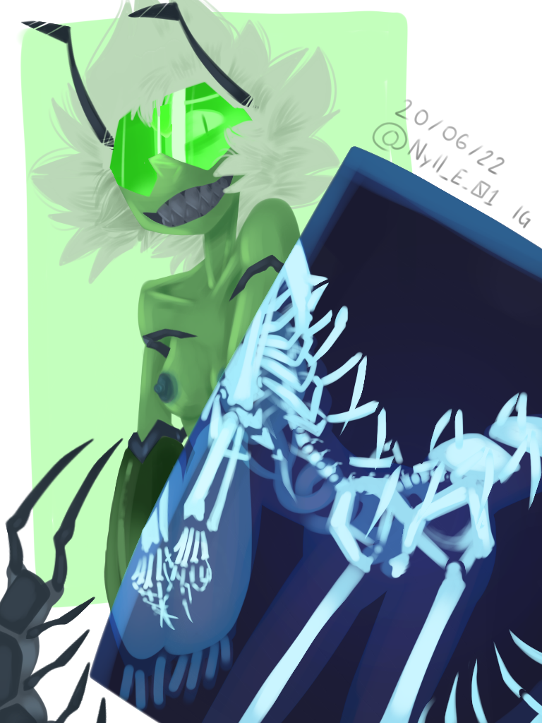 alien antennae_(anatomy) anthro arthropod bone breasts cartoon_network centipede claws fangs female gem_(species) humanoid inked_reel insect_legs machine myriapod nipples peridot_(steven_universe) smile solo steven_universe xray_view