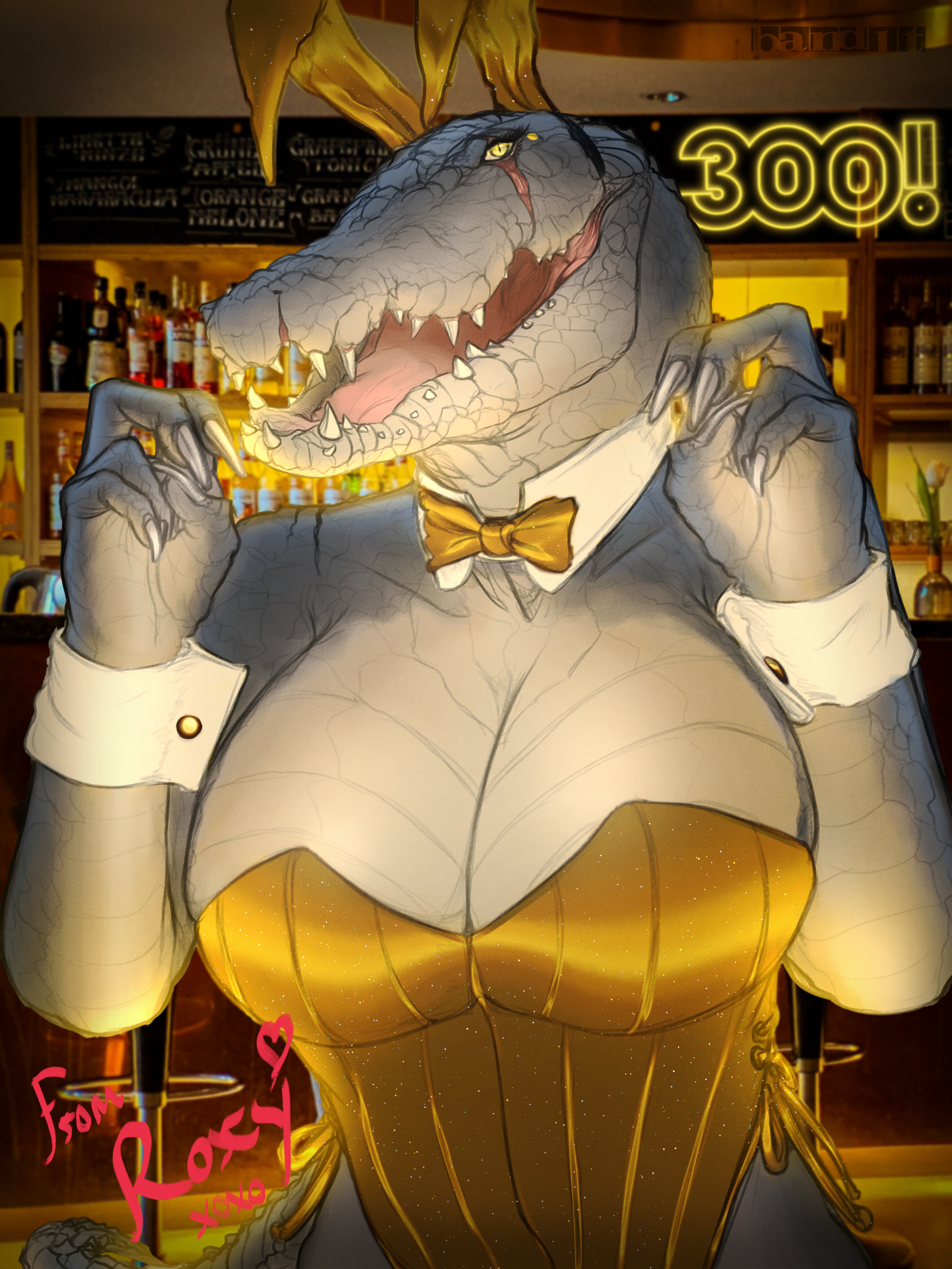 3:4, absurd res, alligator, alligatorid, anthro, band1tnsfw, big breasts, bow tie, breasts, bunny costume, clothing, collar, costume, crocodile, crocodilian, crocodylid, cuff (restraint), digital drawing (artwork), digital media (artwork), english text, eye scar, facial scar, fake ears, fake rabbit ears, female, handwritten text, hi res, portrait, raised arm, reptile, restraints, scalie, scar, smile, smiling at viewer, solo, text, thick thighs, wrist cuffs