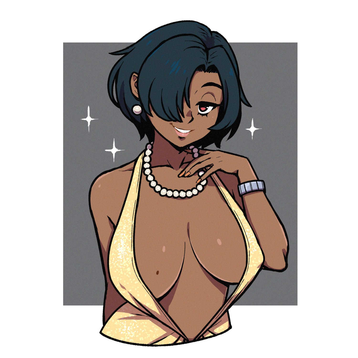 1girls, akairiot, big breasts, breasts, clothing, dark skin, dark-skinned female, female, looking at viewer, original, paz ruiz (akairiot), seductive, seductive smile, smile, solo, solo female, sparkles, tagme