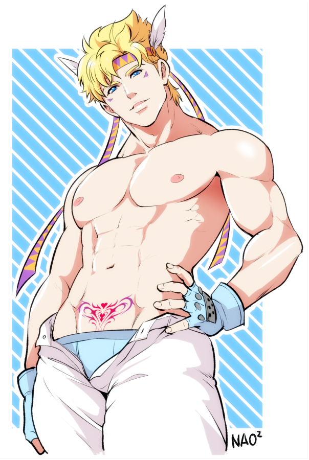 1boy battle_tendency blonde blonde_hair blonde_hair_male blonde_male blue_eyes blue_eyes_male caesar_zeppeli jojo's_bizarre_adventure male_focus male_only muscular muscular_male noah_barnett shirtless solo solo_male topless_male unbuttoned_pants