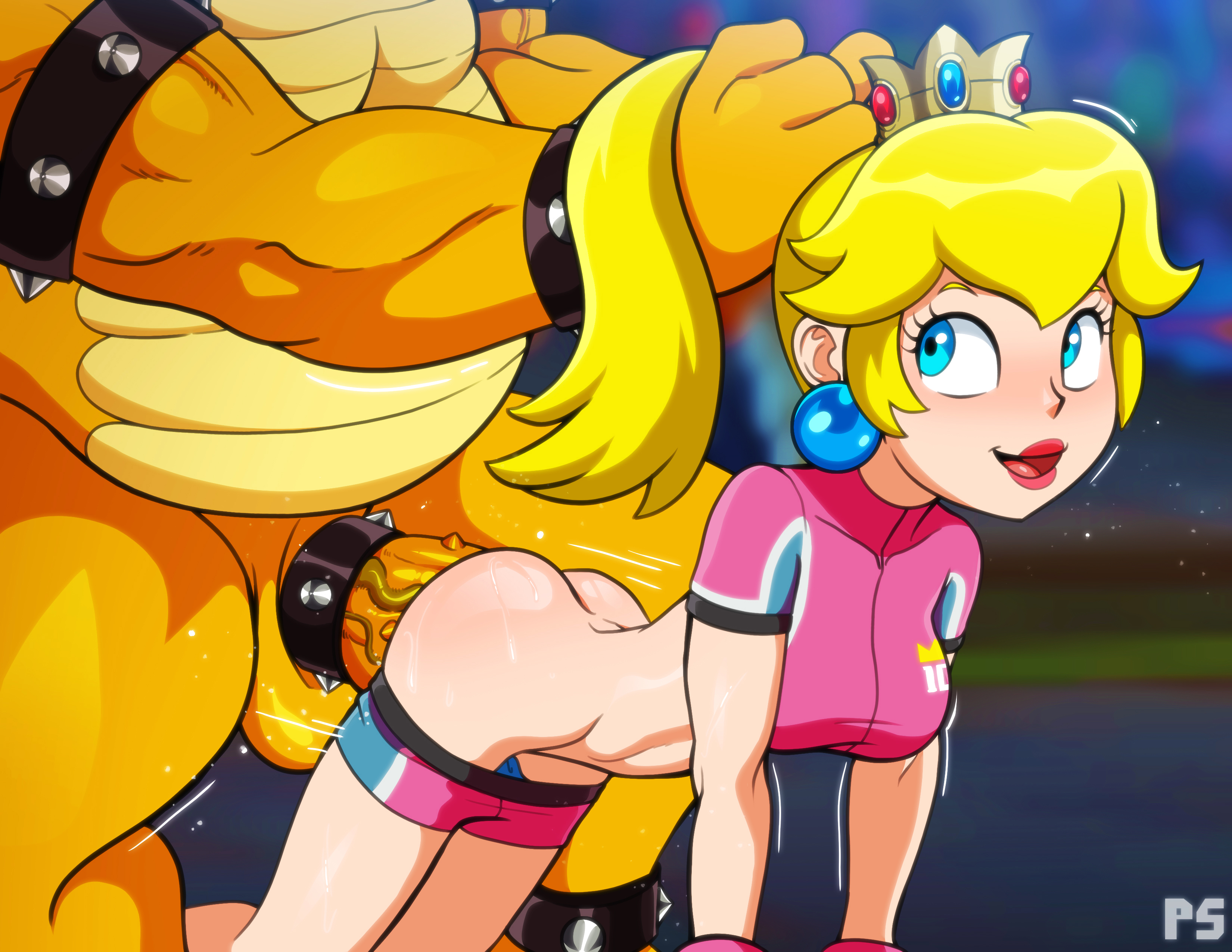 1boy, 1girls, all fours, ass, blonde hair, blue eyes, bowser, bulldog position, cock ring, crown, doggy style, female, female focus, football, football player, football uniform, hair grab, huge cock, large ass, large penis, long hair, looking back, male, mario (series), mario strikers, nintendo, penis, pink shorts, ponytail, princess peach, pumpkinsinclair, red lipstick, sex, sports bra, sportswear