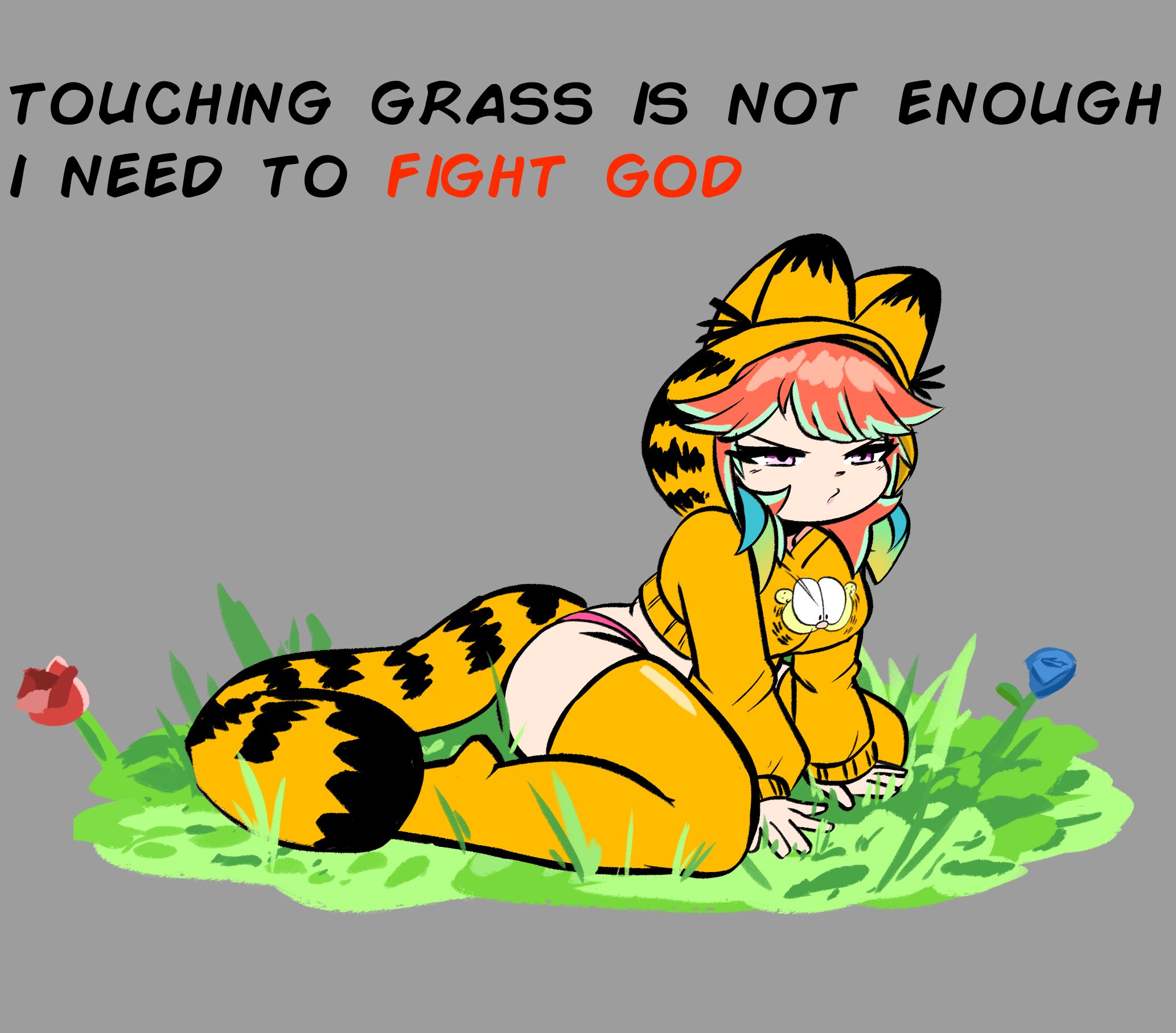 1girls, big breasts, breasts, comedy, female, funny, garfield (series), grass, hololive, hololive english, hololive myth, humor, meme, parody, peagade, tagme, takanashi kiara, thighs, thong, virtual youtuber