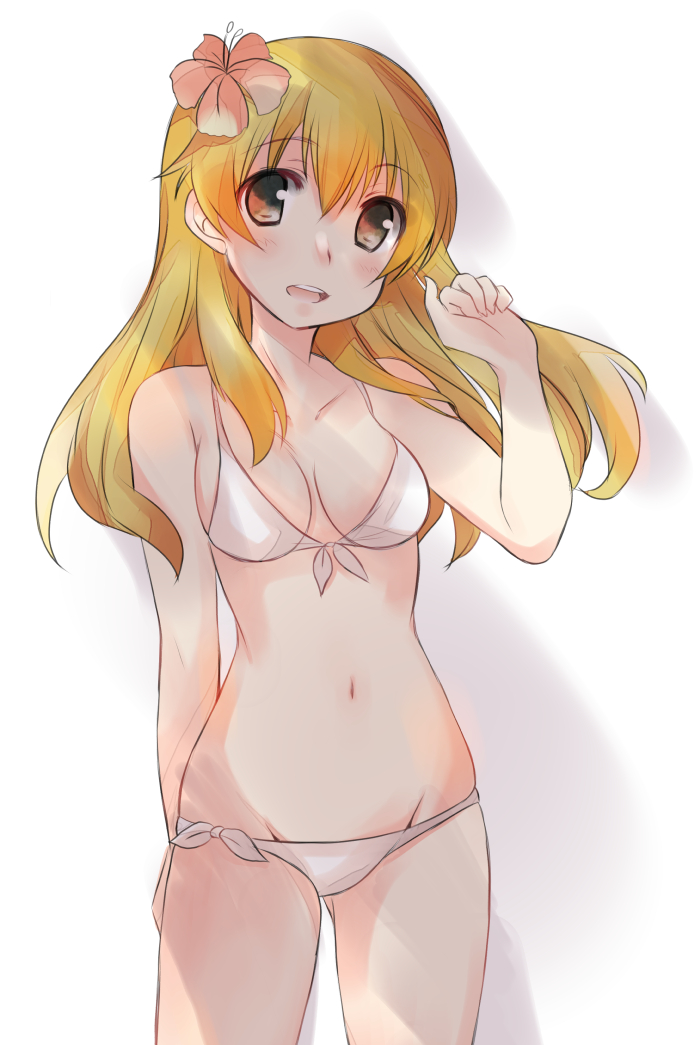 1girls abenattou bikini carpaccio female female_only flower flower_in_hair front-tie_bikini girls_und_panzer hair_flower light-skinned_female light_skin long_hair looking_at_viewer solo solo_female swimsuit white_bikini white_swimsuit yellow_hair