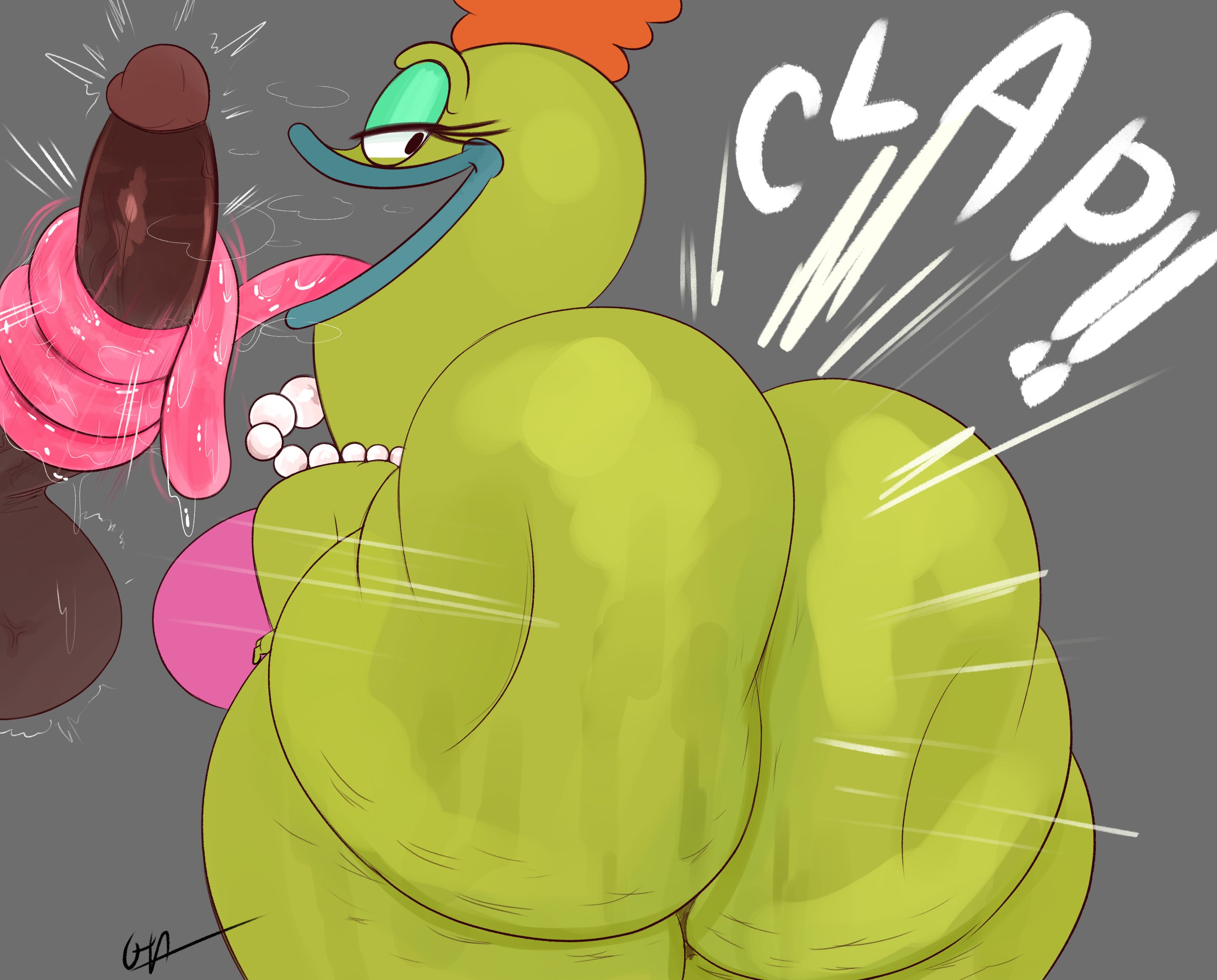 1boy, 1girls, amphibian, anthro, ass, ass clapping, balls, beverly bighead, big ass, big balls, big penis, cellulite, dark skin, dark-skinned male, faceless male, female, frog, green skin, huge ass, looking at viewer, looking back, male, nickelodeon, open mouth, ota (artist), pearl necklace, penis, rocko's modern life, thick thighs, toad, tongue, tongue around penis, tongue out, tongue wrap, twerking