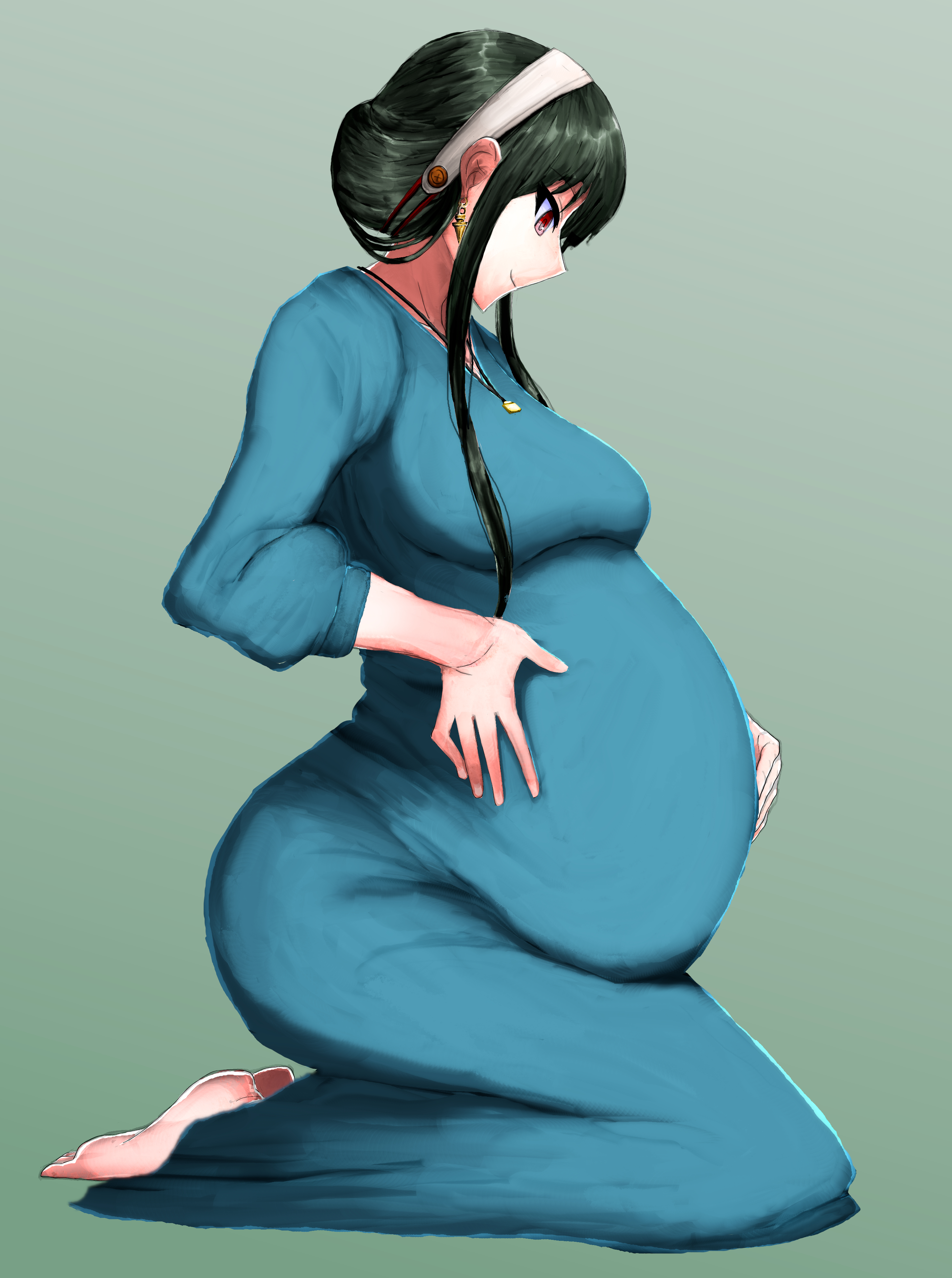 1girls, artist request, big breasts, breasts, female, hand on belly, maternity clothes, maternity dress, milf, pregnant, ready to pop, solo, spy x family, sweater, thick thighs, yor briar