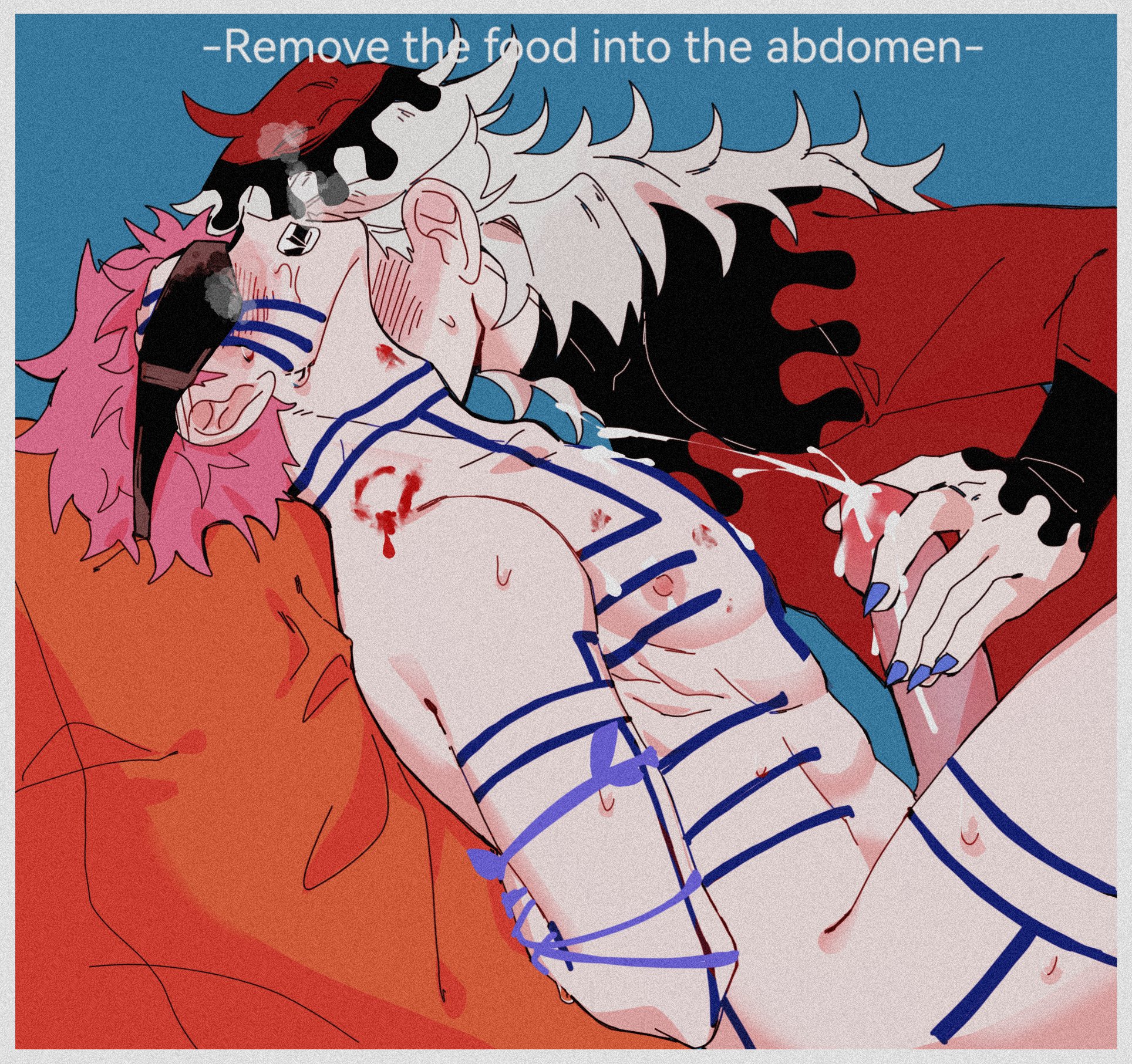 2boys, akaza (kimetsu no yaiba), arms behind back, arms tied, arms tied behind back, bite mark, blindfold, blood, blush, body markings, bondage, bound, breath, clothed male nude male, cum, cum on body, cum on self, demon, demon boy, demon slayer, douma, ejaculation, english text, erection, facial markings, gay, handjob, kimetsu no yaiba, male, male only, nude, nude male, penis, pink hair, restrained, reverse ryona, spiky hair, sweat, uncensored, vodafone.ba (advertisement), yaoi