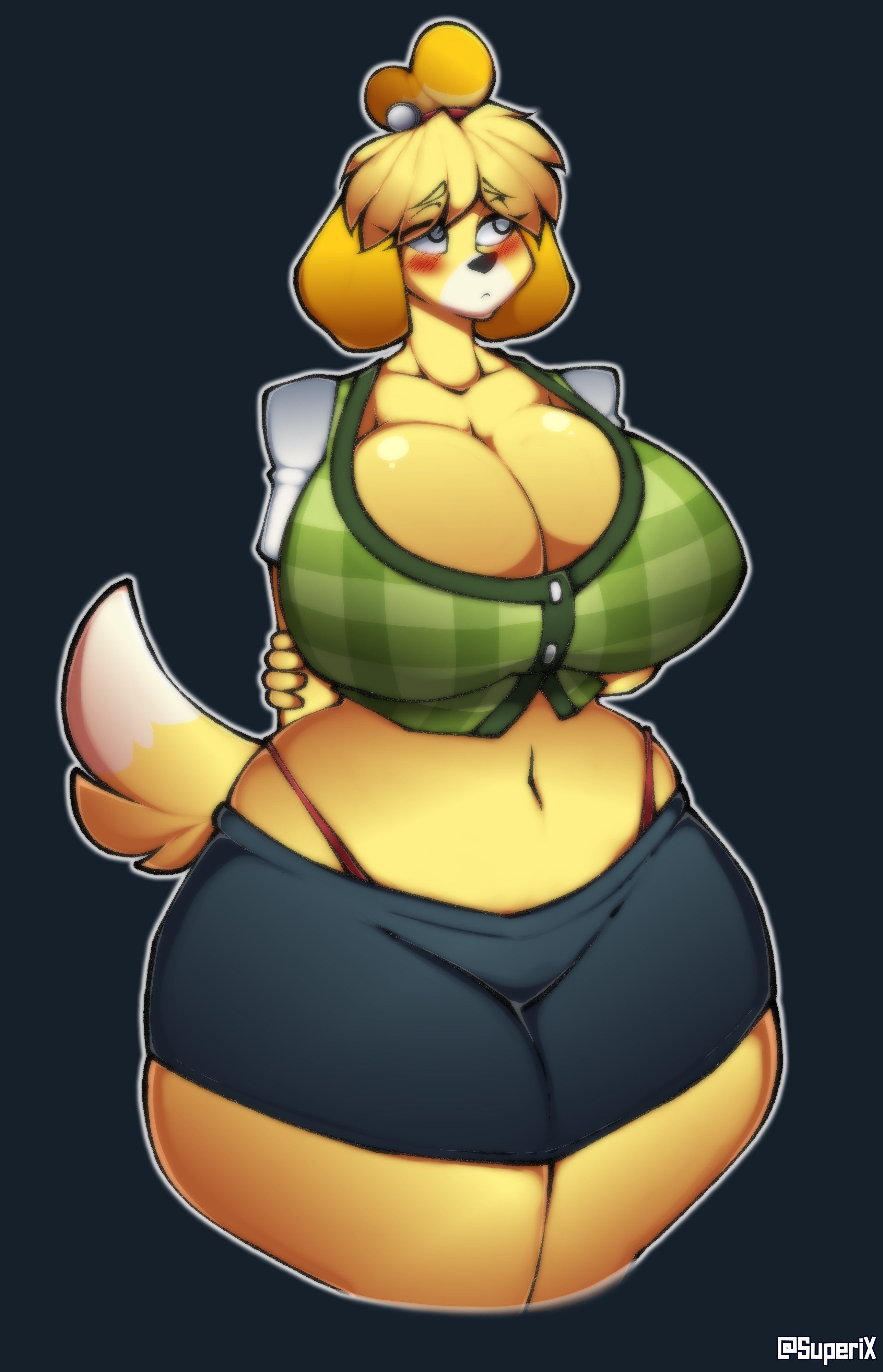 1girls, 2018, absurd res, animal crossing, anthro, big breasts, black nose, blonde hair, blush, bottomwear, breasts, busty, button shirt, canid, canine, canis, cleavage, clothed, clothing, curvaceous, curvy, curvy body, curvy female, curvy figure, digital drawing (artwork), digital media (artwork), domestic dog, eyebrows, eyelashes, female, female focus, female only, fluffy, fluffy tail, furry, grey eyes, hair, hi res, hourglass figure, isabelle (animal crossing), large breasts, mammal, midriff, midriff baring shirt, multicolored body, multicolored fur, navel, nintendo, pencil skirt, shih tzu, short hair, simple background, simple eyes, skirt, solo, superix, tail over skirt, tan body, tan fur, thick thighs, thong, thong above shorts, thong straps, toy dog, two-tone body, two-tone fur, underwear, video games, voluptuous, wide hips, yellow body, yellow fur