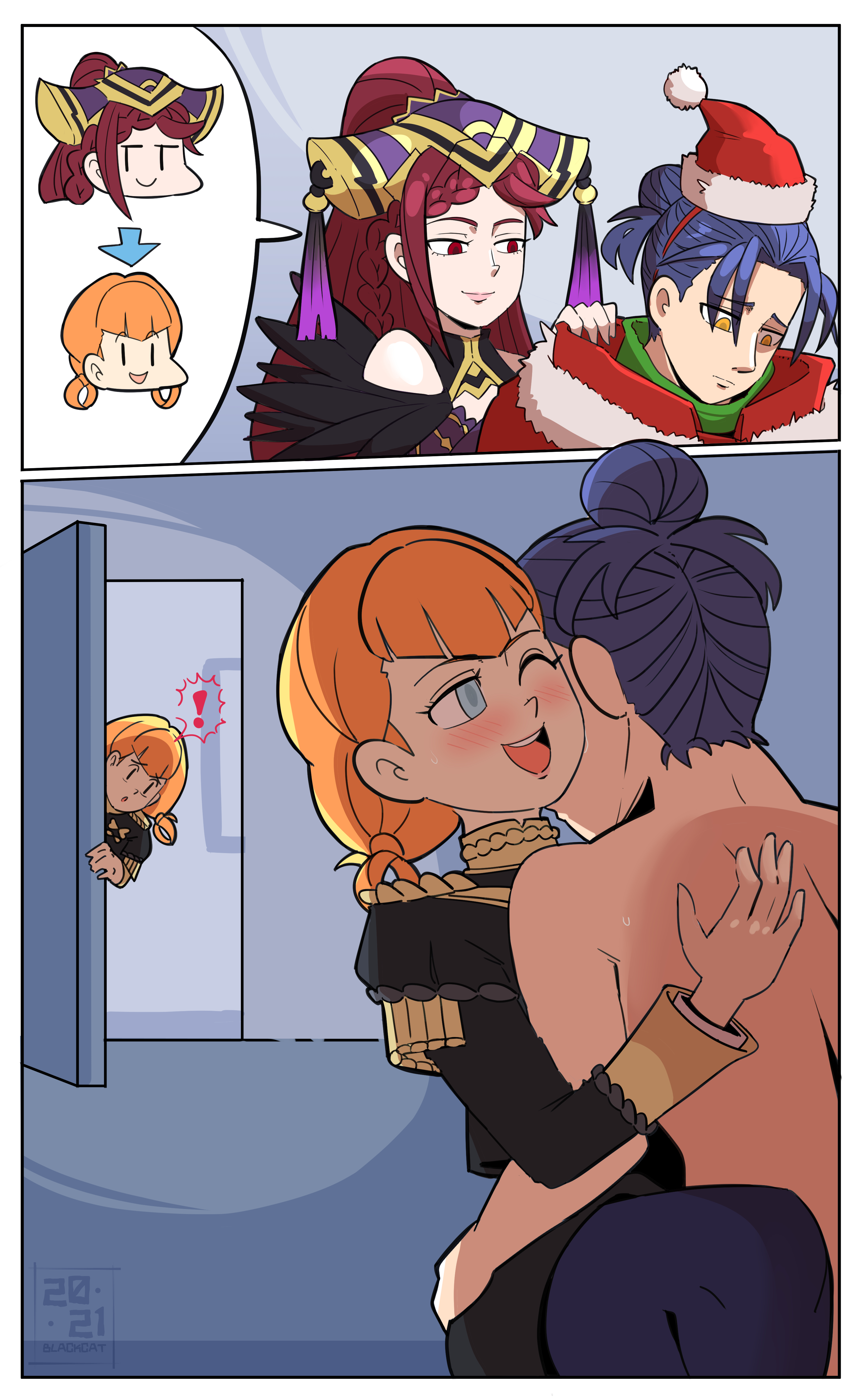 1boy, 2 panel comic, 2girls, 2koma, alternate costume, annette fantine dominic, annette fantine dominic (cosplay), blackcat18up, blue eyes, blue hair, blush, braid, caught, chibi, christmas, christmas outfit, clothed female nude male, cosplay, dark blue hair, disguise, exclamation point, felix hugo fraldarius, felix hugo fraldarius (winter), female, fire emblem, fire emblem heroes, fire emblem: three houses, garreg mach monastery uniform, hair bun, implied sex, loki (fire emblem), long hair, looking down, magenta eyes, male, multiple females, multiple girls, naked, naked male, netorare, nintendo, no text, ntr, nude, nude male, nude male clothed female, official alternate costume, orange eyes, orange hair, peeping, purple hair, red eyes, sad, santa costume, santa hat, school uniform, schoolgirl, shapeshifter, simple background, smug, smug face, smug grin, smug smile, sweat, sweatdrop, textless, transformation, very long hair, walk-in, walked in on, watching, watermark
