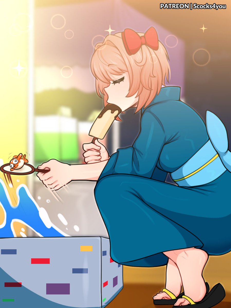 1girls, ankles, banana, bow, doki doki literature club, feet, female, festival, fully clothed, just sayori, kimono, pink hair, sayori (doki doki literature club), scocks4you, short hair, solo, squatting, sucking