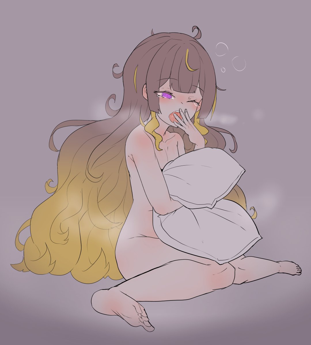 alternate breast size, anya melfissa, breasts, female, holding object, hololive, hololive indonesia, hololive indonesia holoro, long hair, moral cacoethes, naked, purple eyes, sleepy, small breasts, virtual youtuber, yawn