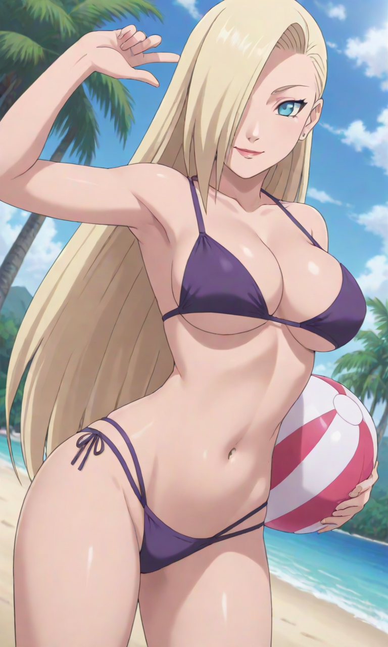 1girls ai_generated beach beach_ball big_breasts bikini bikini_bottom bikini_top blonde_female blonde_hair blue_eyes blush blush_lines boruto:_naruto_next_generations cameltoe curvy curvy_female curvy_figure deviantart eyelashes eyeshadow from_below godzillaninja2019 hair hair_down hair_ornament hair_over_one_eye holding_object inflatable inflatable_toy ino_yamanaka light_blue_eyes looking_at_viewer loose_hair mature mature_female midriff milf nai_diffusion naruto naruto:_the_last naruto_(series) naruto_shippuden navel ocean outdoors pale-skinned_female pale_skin palm_tree pinup purple_bikini sea seaside smirk stable_diffusion swimsuit thick_thighs thigh_gap thighs toned toned_female url very_long_hair watermark web_address white_skin